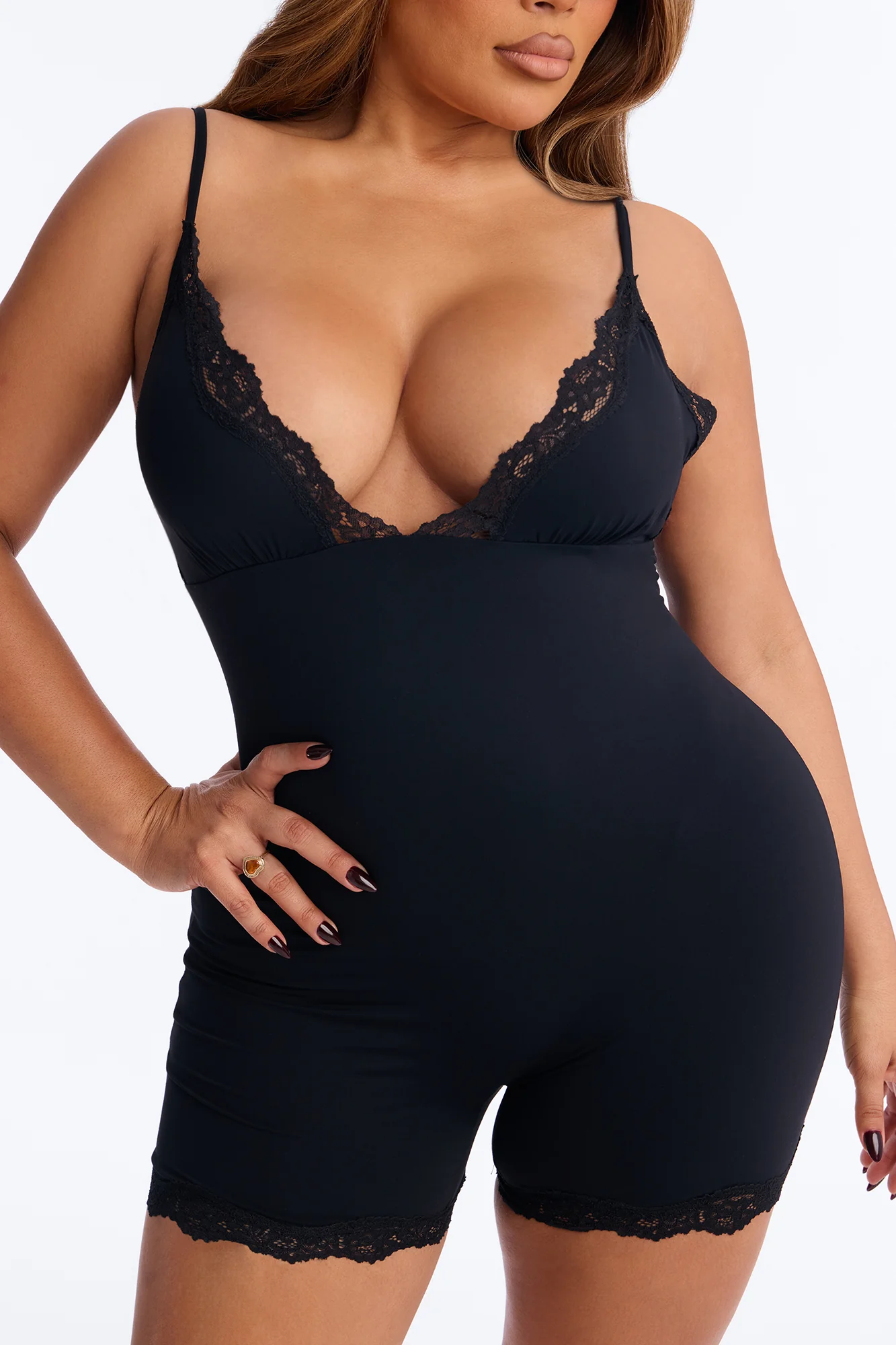 Second Skin Double Lined Lace Trim Tank Romper - Black - Image 7