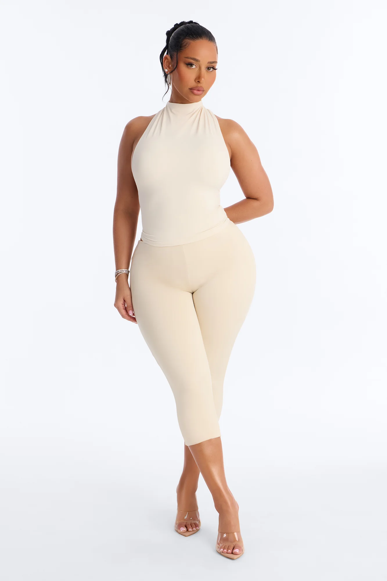 Second Skin Double Lined Mock Neck Racerback Top - Bone