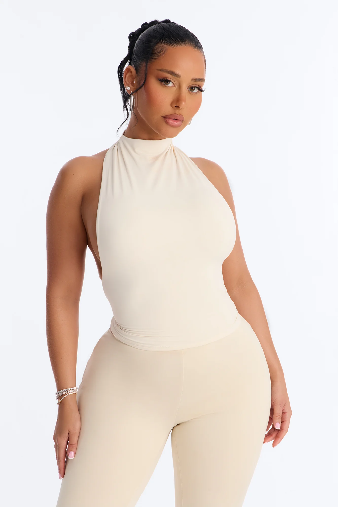 Second Skin Double Lined Mock Neck Racerback Top - Bone - Image 2