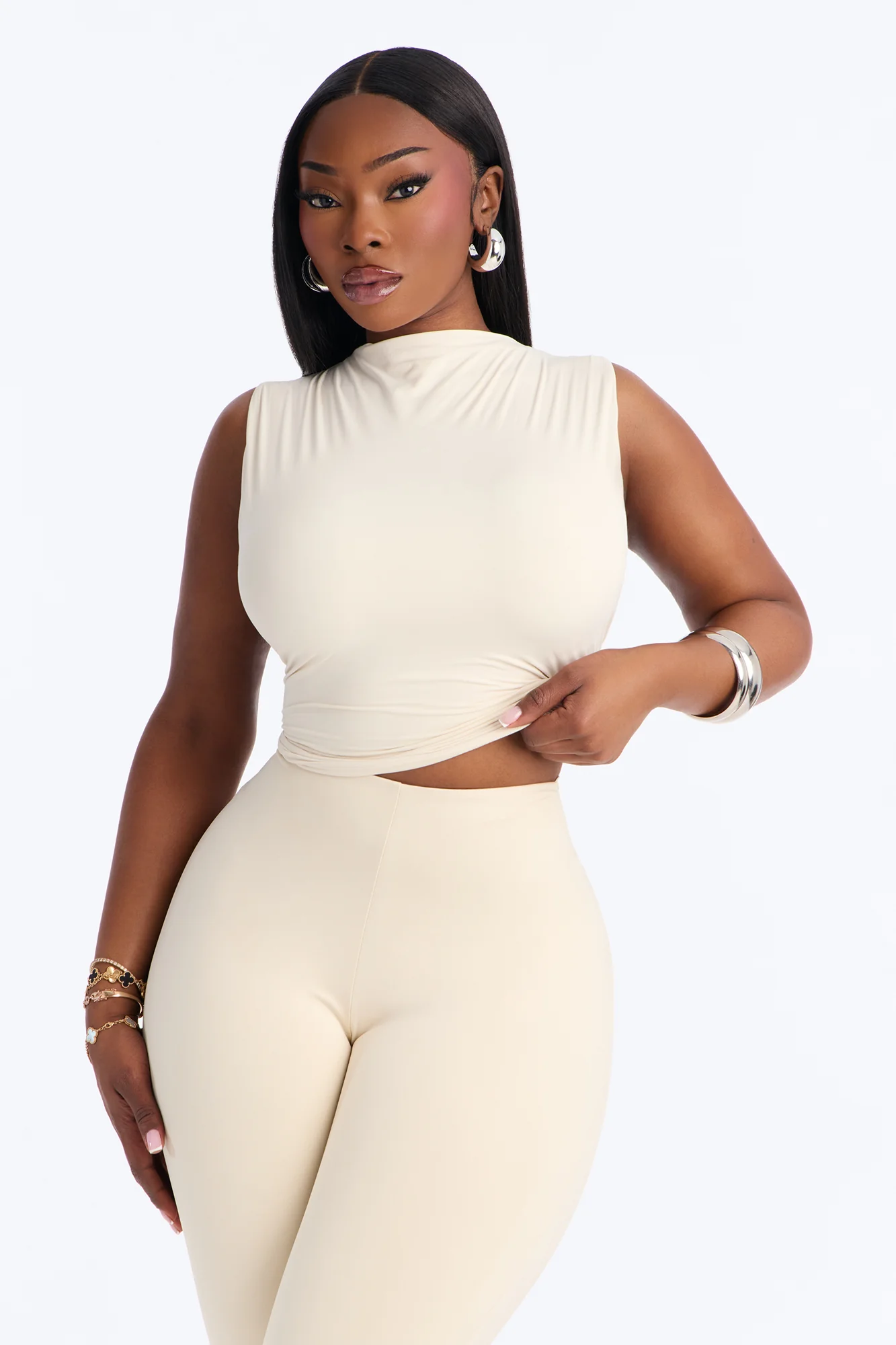 Second Skin Double Lined Mock Neck Racerback Top - Bone - Image 5
