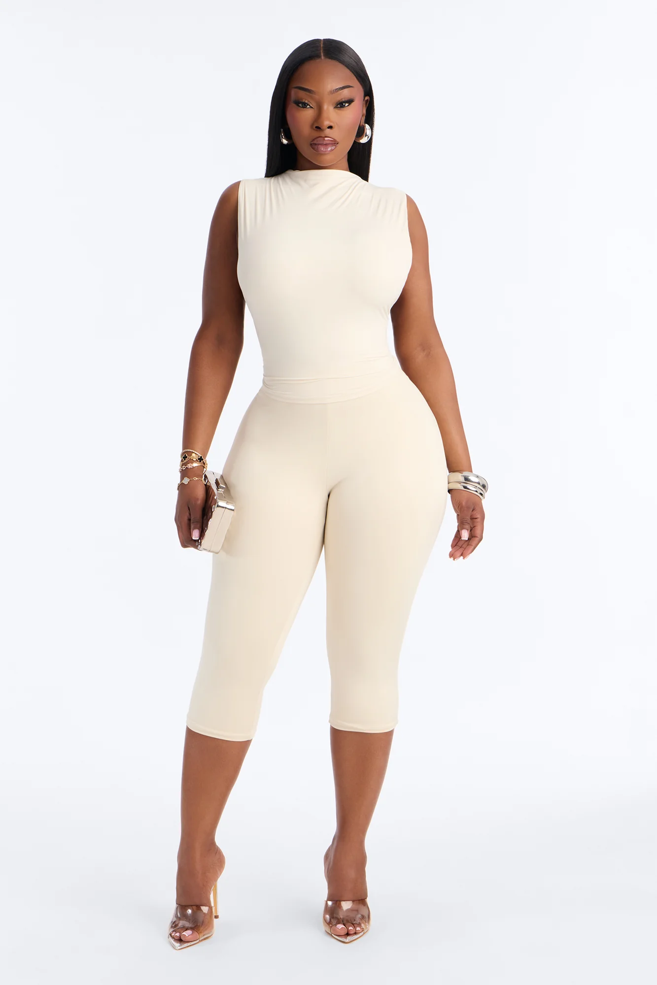 Second Skin Double Lined Mock Neck Racerback Top - Bone - Image 6