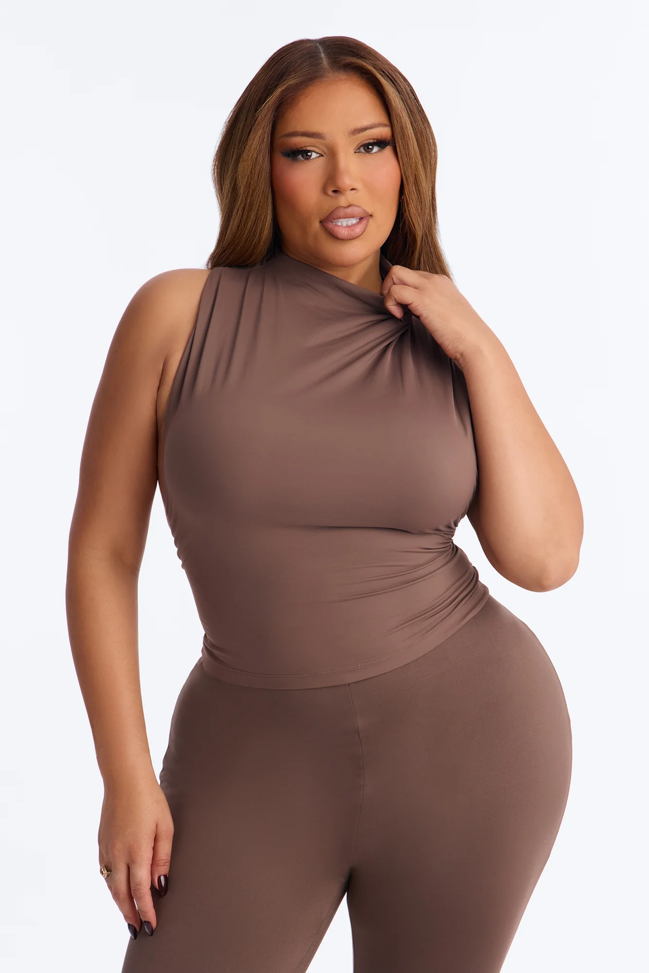 Second Skin Double Lined Mock Neck Racerback Top - Brown - Image 5