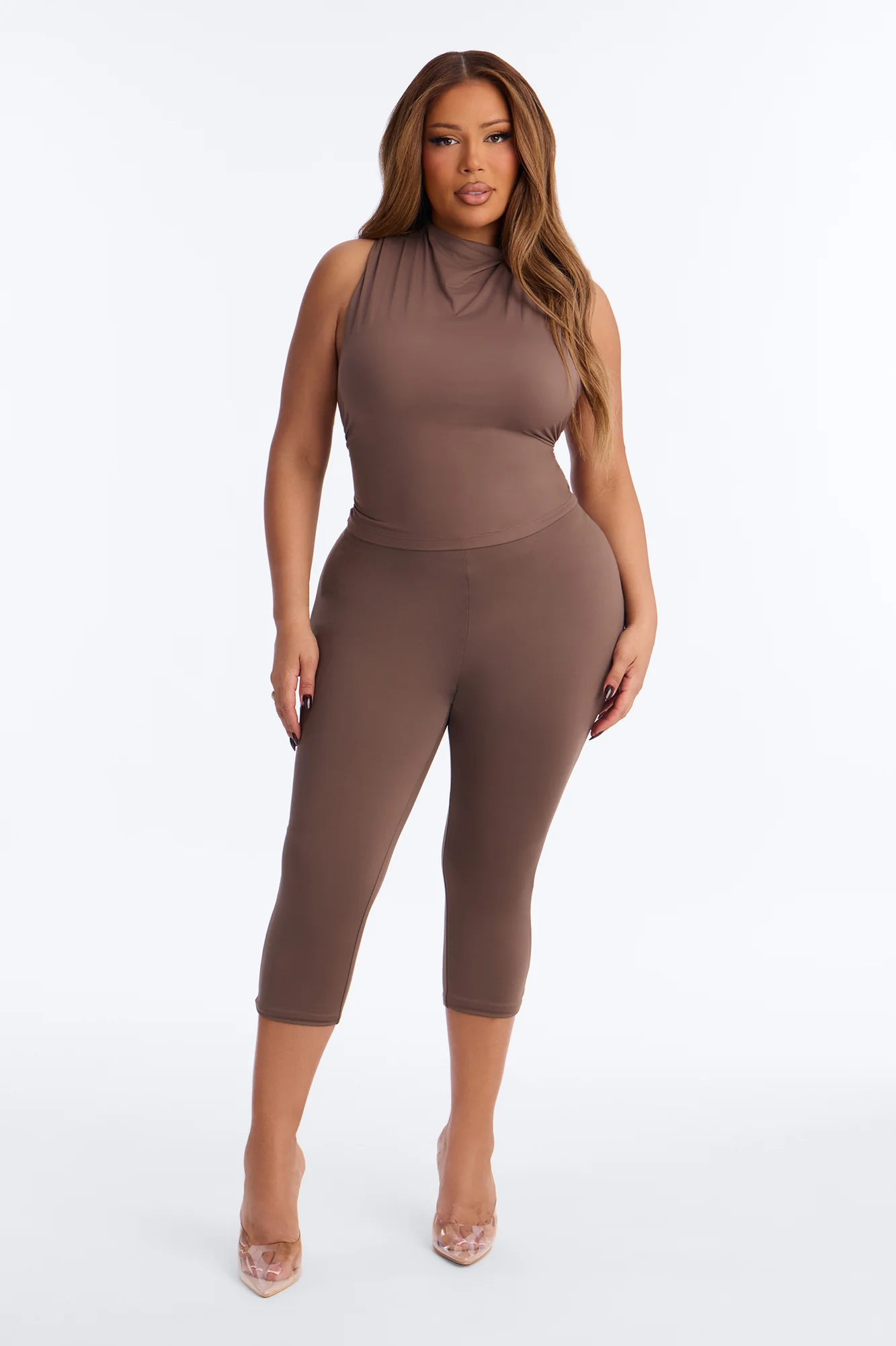 Second Skin Double Lined Mock Neck Racerback Top - Brown - Image 6