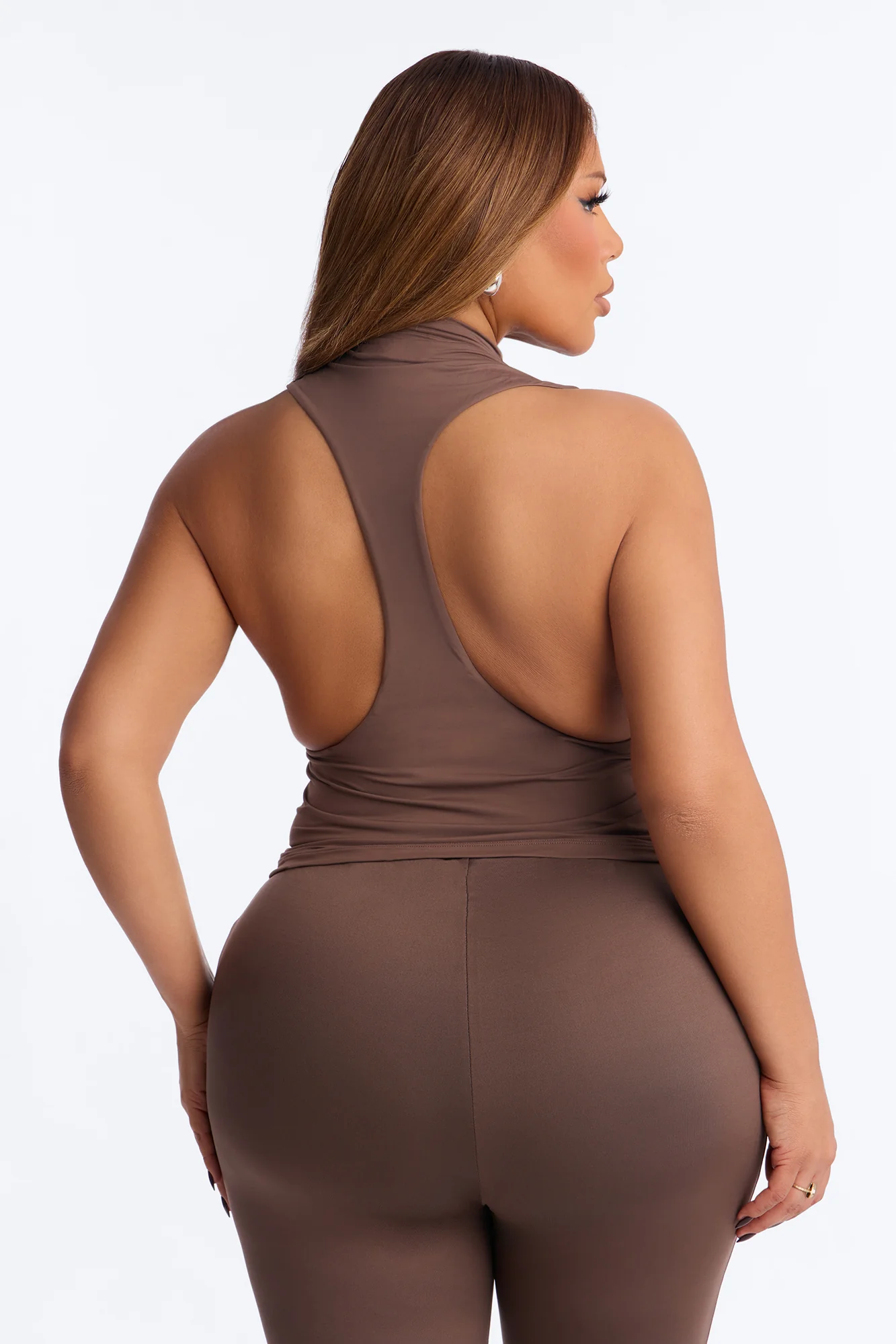 Second Skin Double Lined Mock Neck Racerback Top - Brown - Image 8