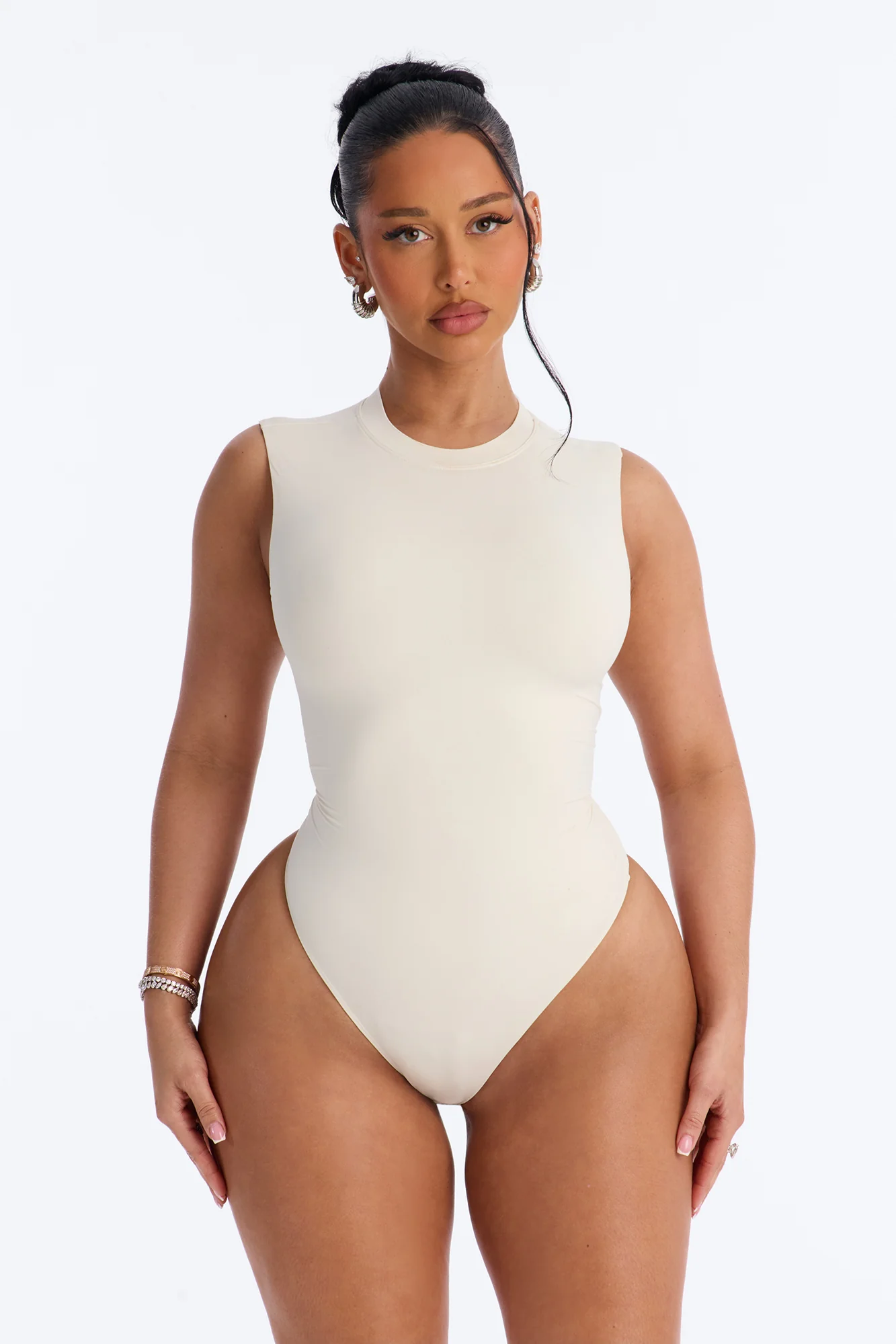 Second Skin Double Lined Mock Neck Sleeveless Bodysuit - Bone