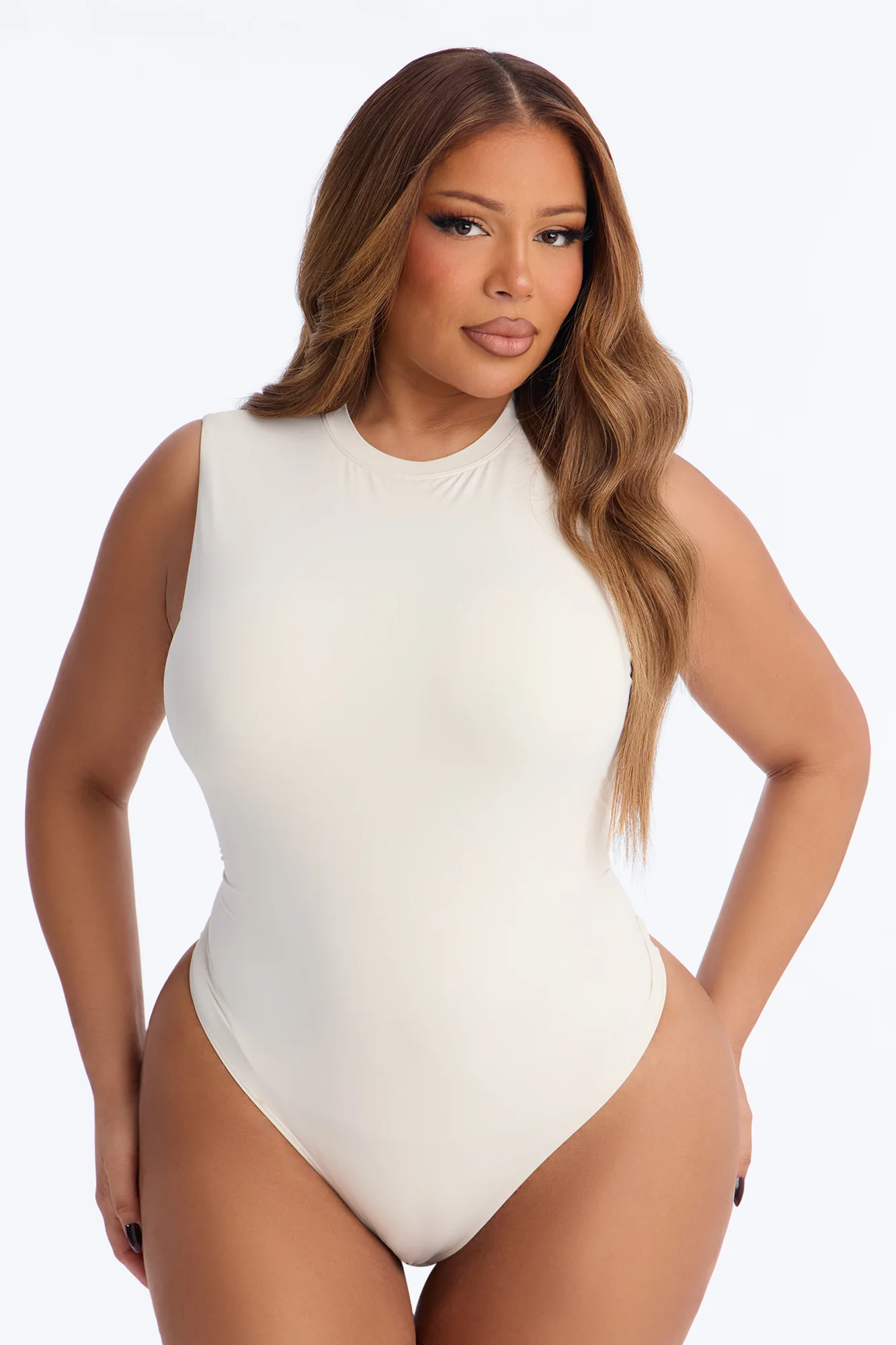 Second Skin Double Lined Mock Neck Sleeveless Bodysuit - Bone - Image 5