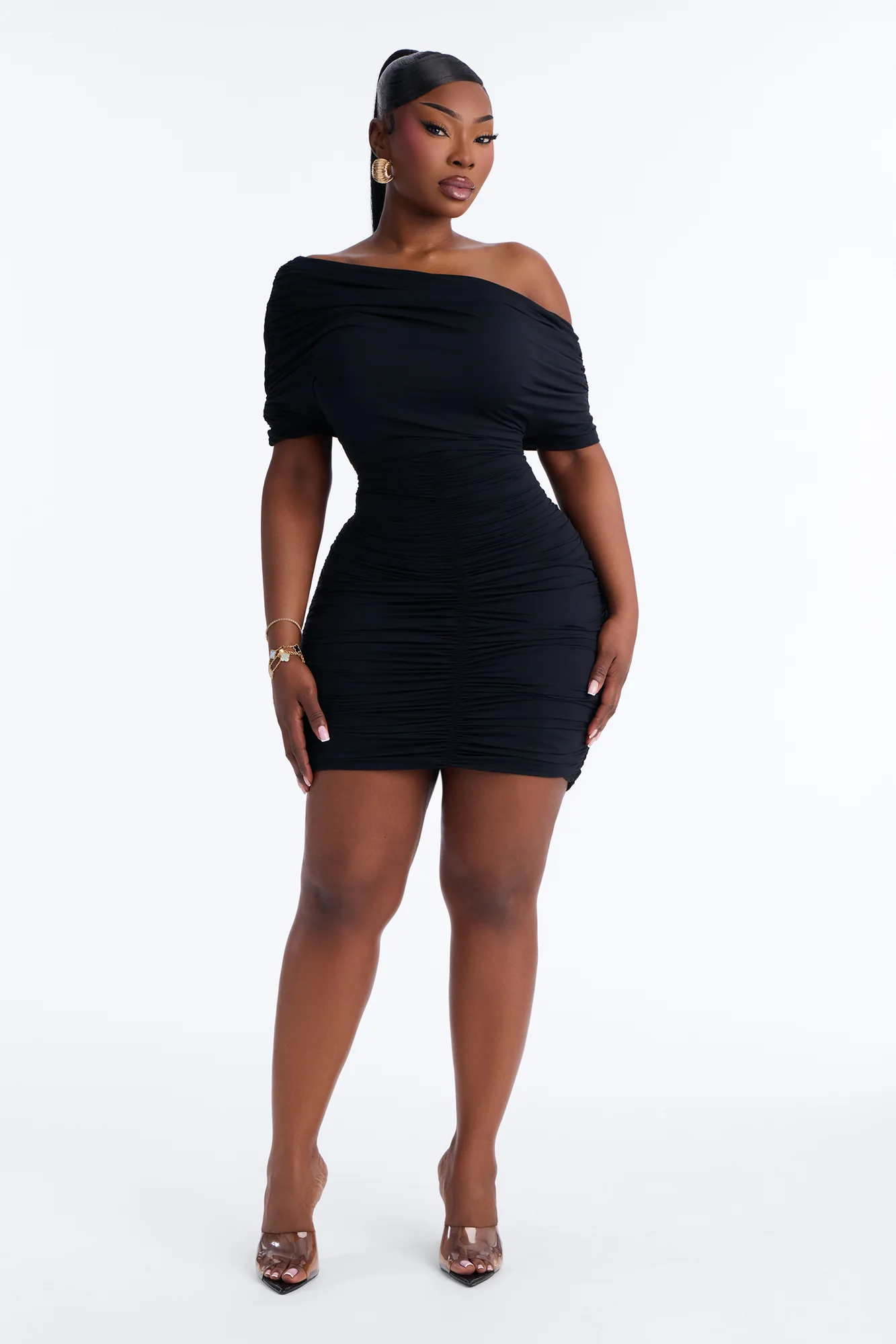 Second Skin Double Lined Off Shoulder Ruched Mini Dress - Black - Image 5