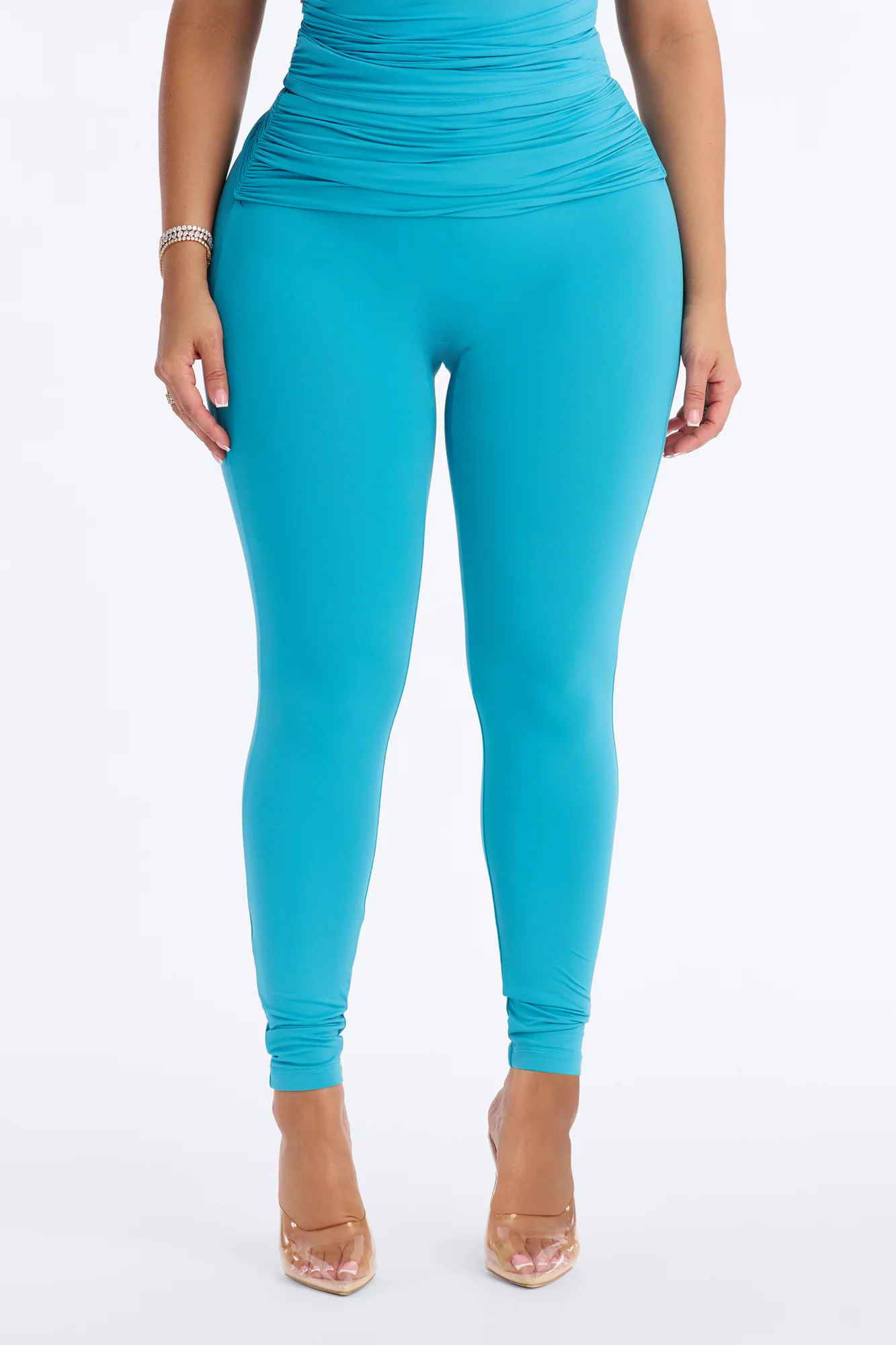 Second Skin Double Lined Ruched Foldover Leggings - Blue
