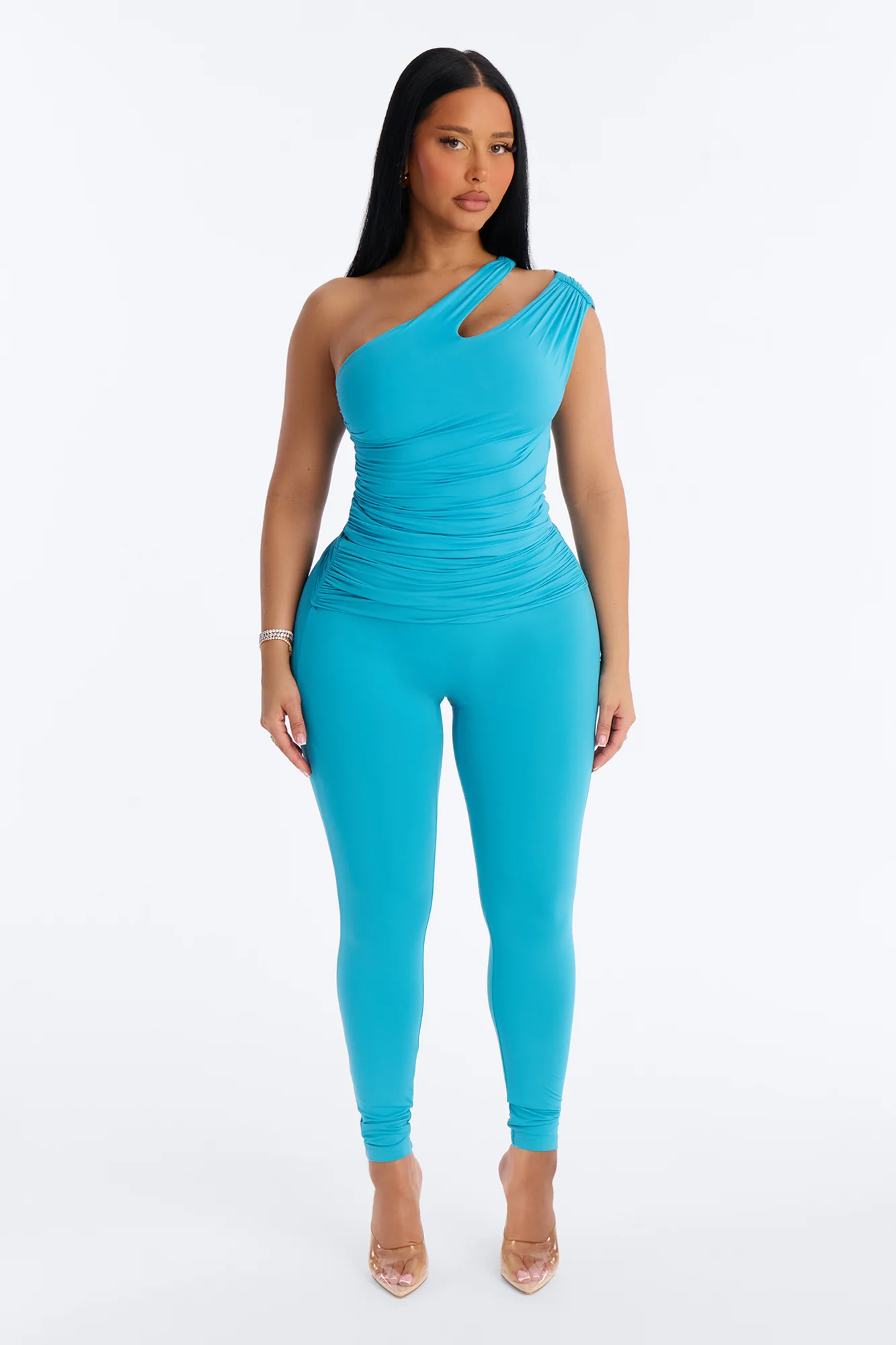 Second Skin Double Lined Ruched Foldover Leggings - Blue - Image 2