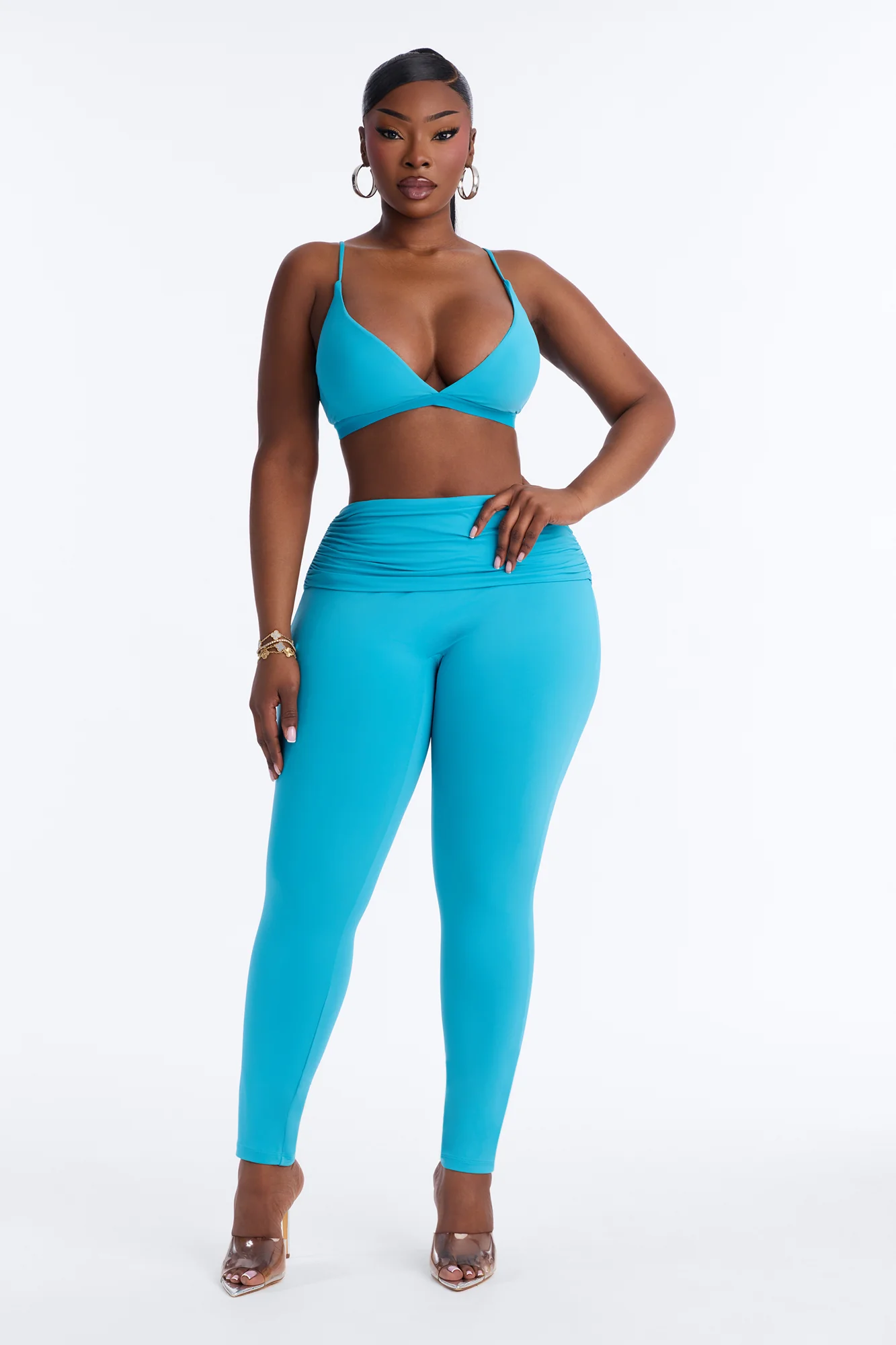 Second Skin Double Lined Ruched Foldover Leggings - Blue - Image 5