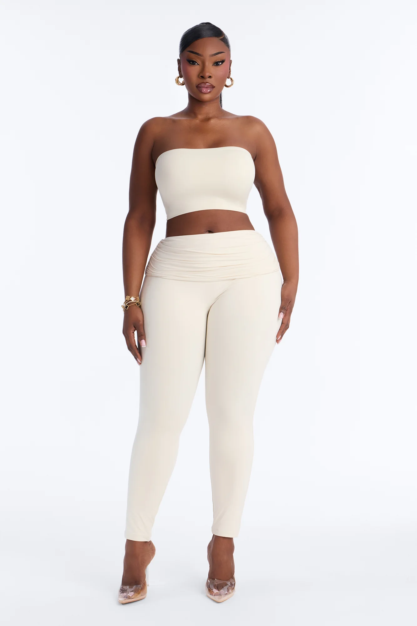 Second Skin Double Lined Ruched Foldover Leggings - Bone - Image 5