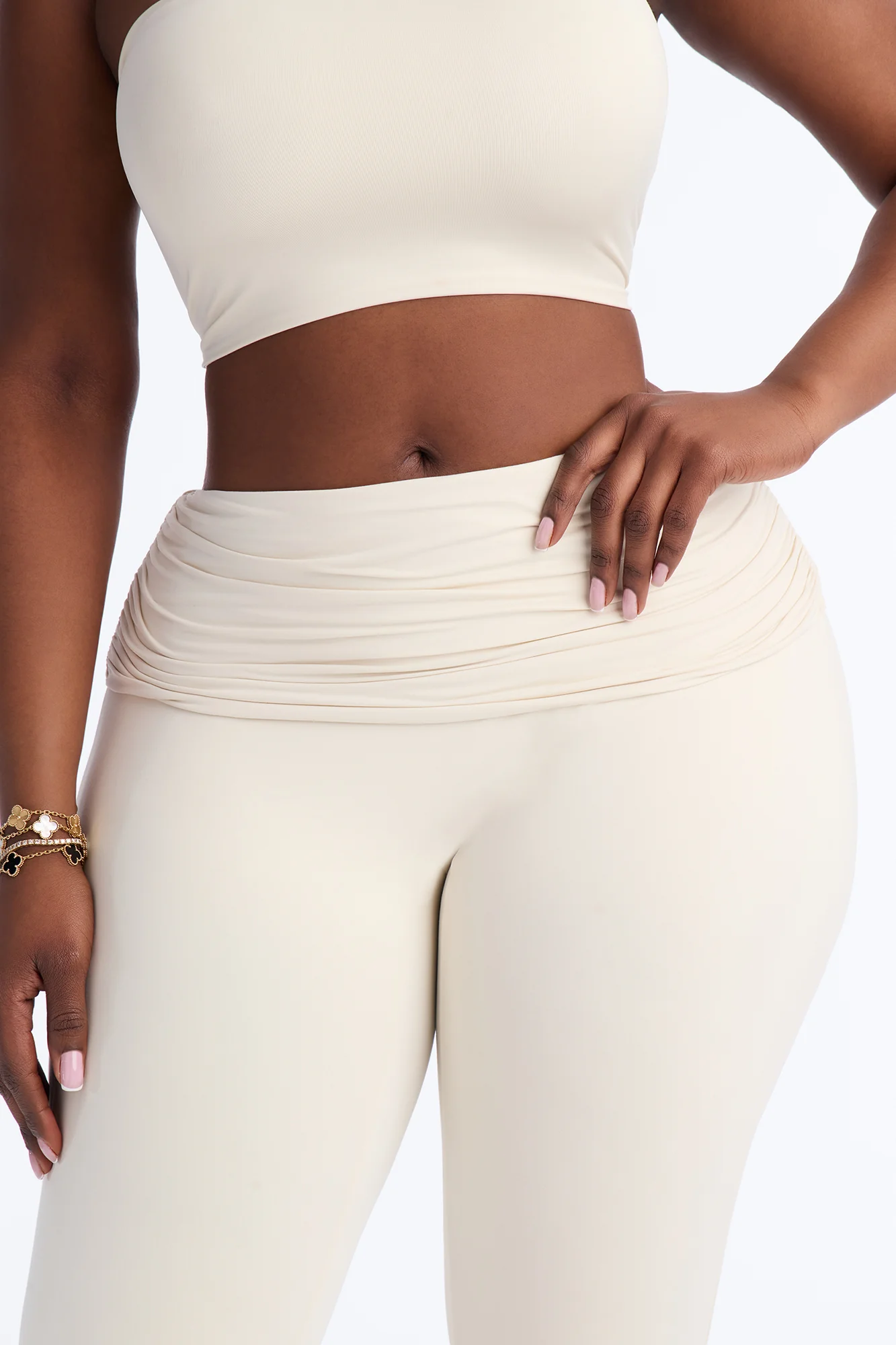 Second Skin Double Lined Ruched Foldover Leggings - Bone - Image 7