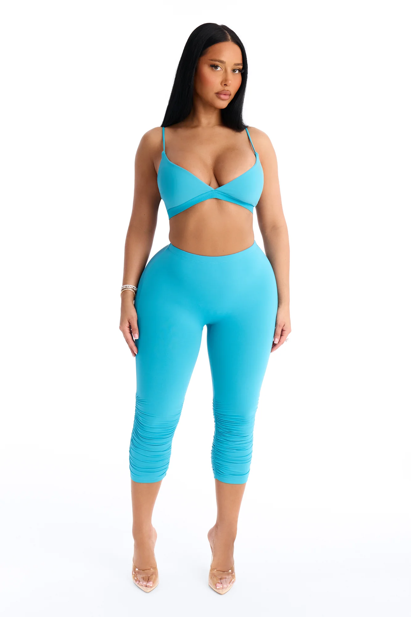 Second Skin Double Lined Ruched Low Rise Capri Legging - Blue