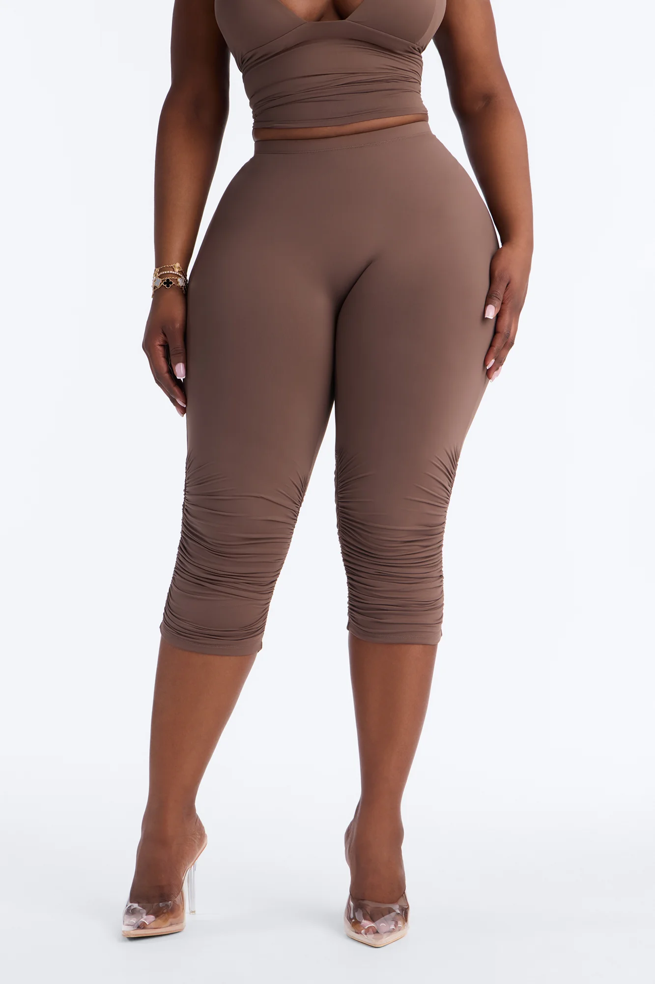 Second Skin Double Lined Ruched Low Rise Capri Legging - Brown - Image 6