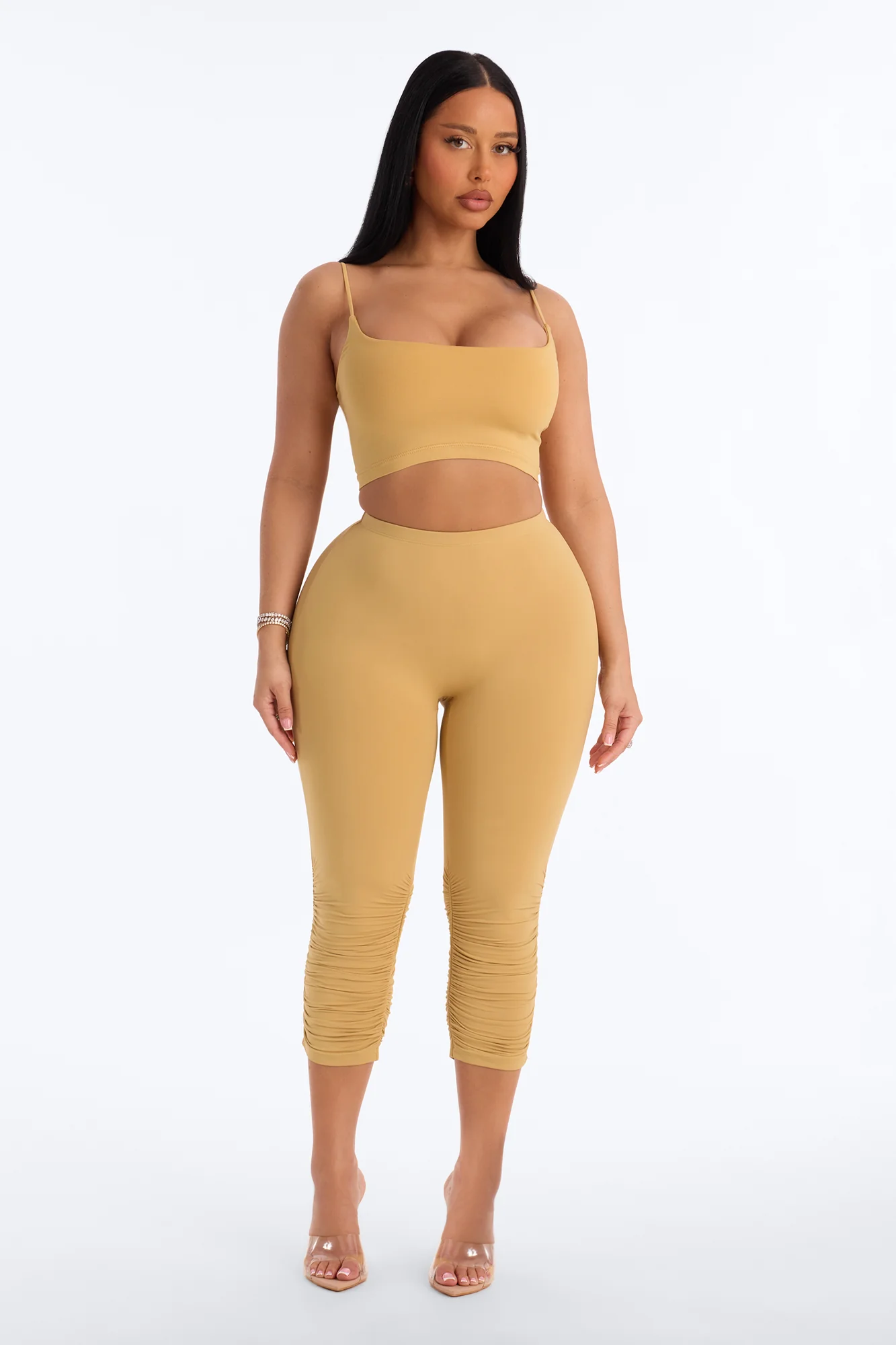 Second Skin Double Lined Ruched Low Rise Capri Legging - Honey