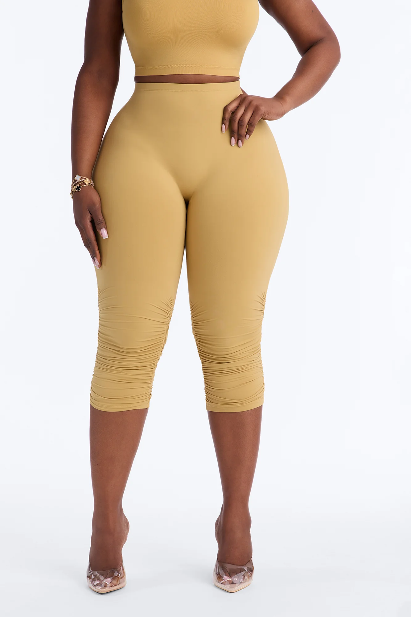 Second Skin Double Lined Ruched Low Rise Capri Legging - Honey - Image 6