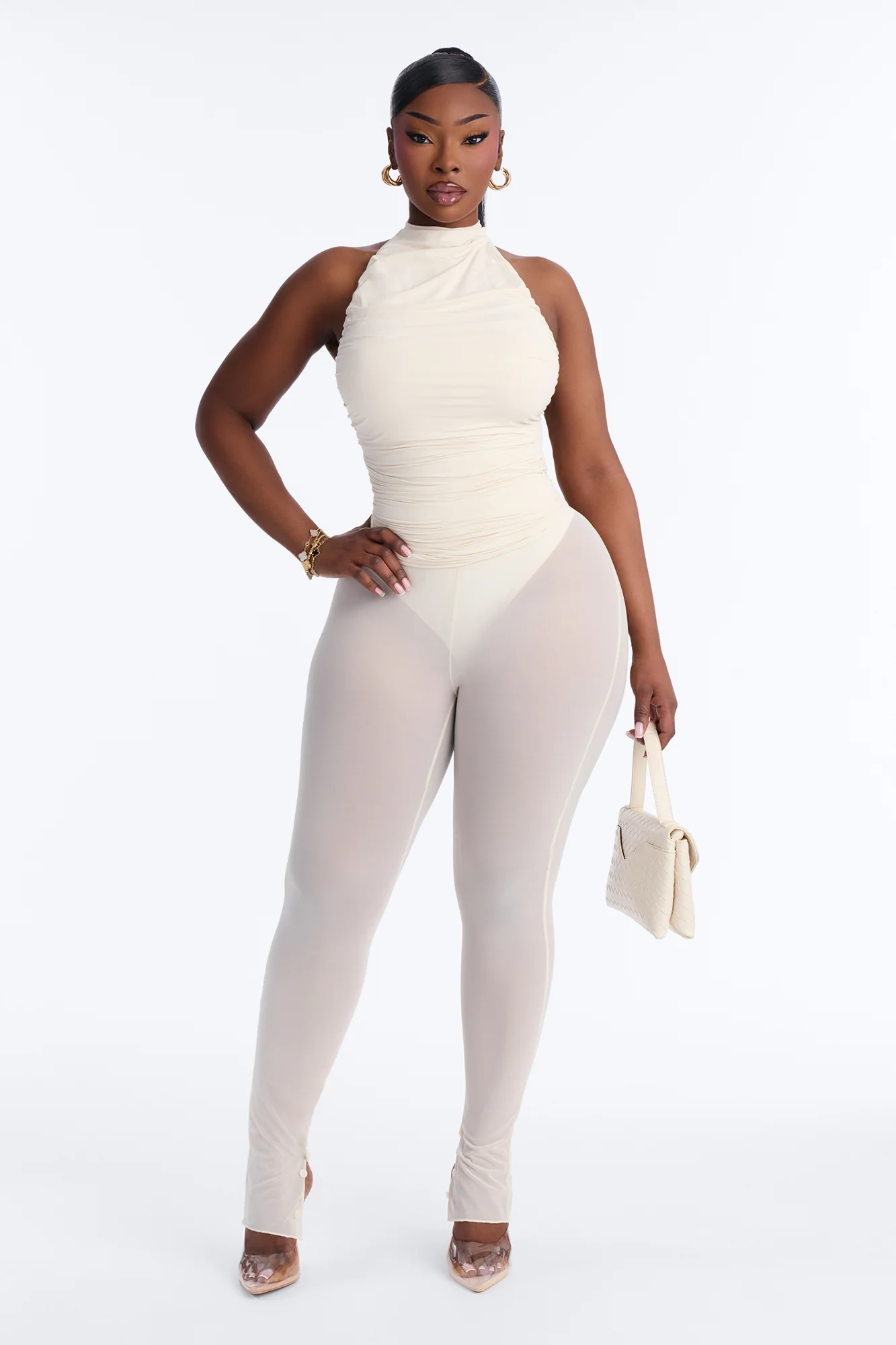 Second Skin Double Lined Ruched Mock Neck Halter Top - Brown - Image 2