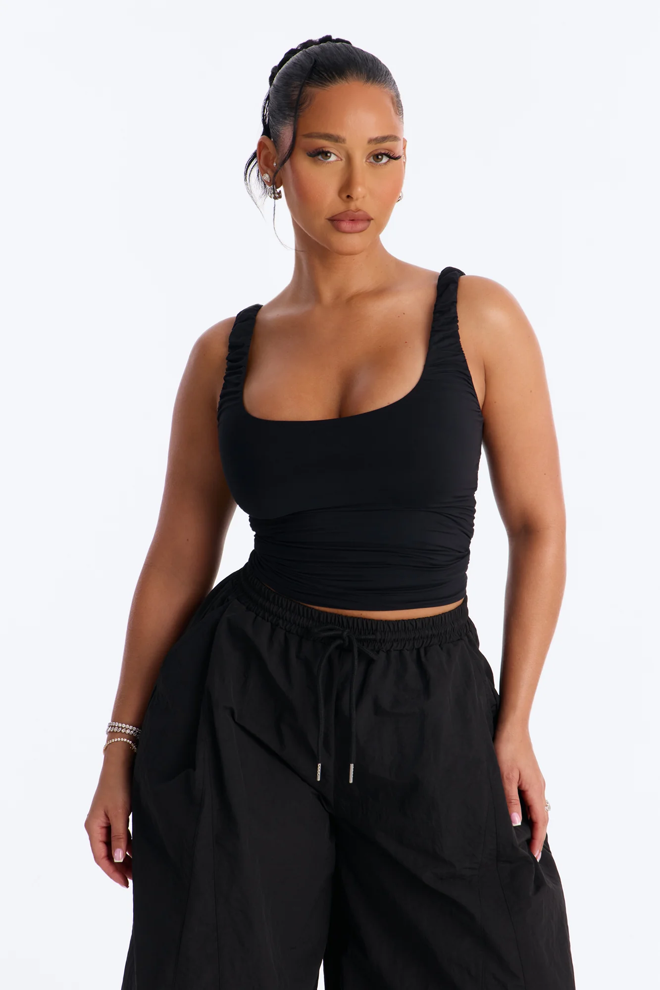 Second Skin Double Lined Scoop Neck Ruched Sleeveless Top - Black
