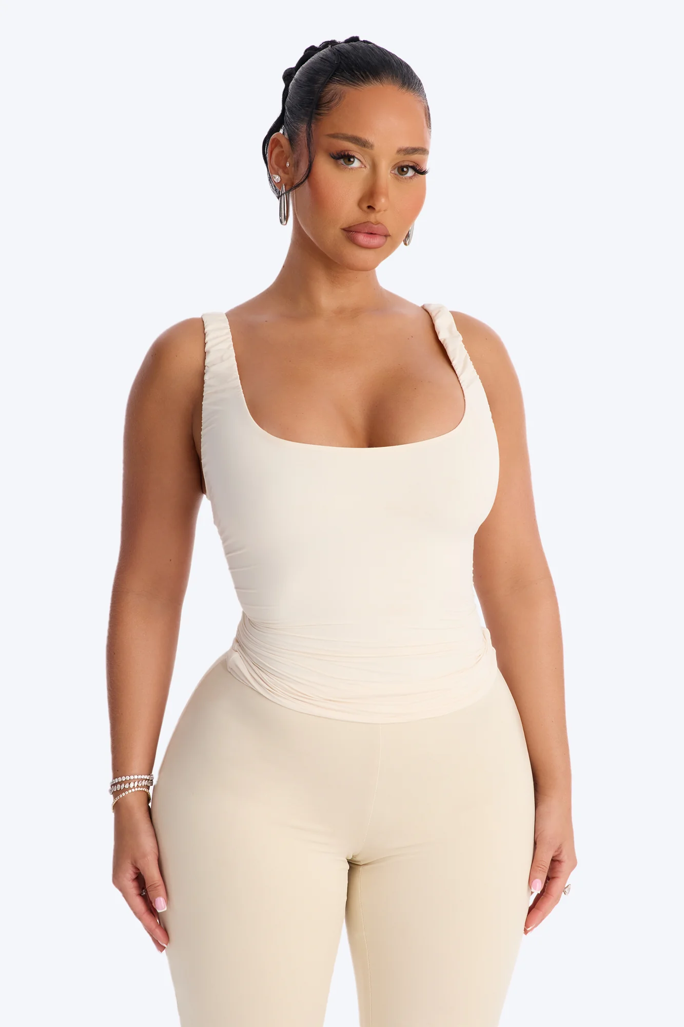 Second Skin Double Lined Scoop Neck Ruched Sleeveless Top - Bone