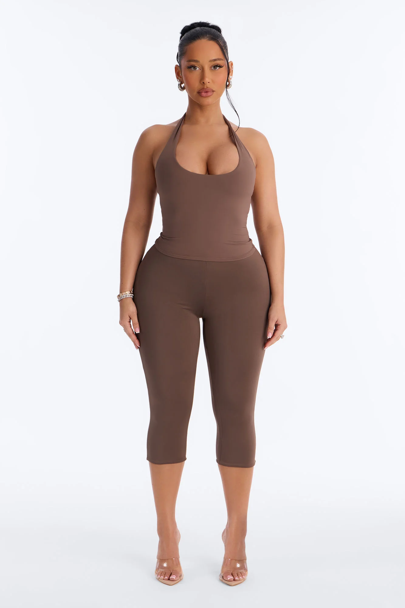 Second Skin Double Lined Twist U Neck Halter Top - Brown - Image 2