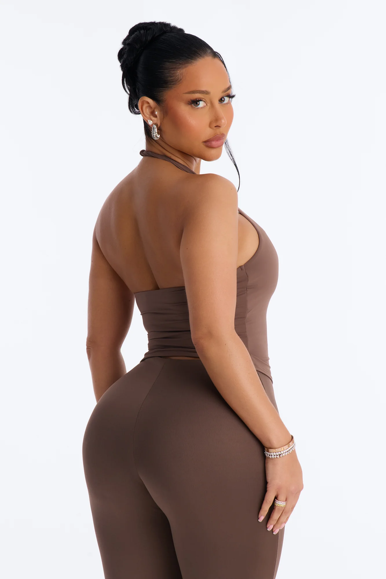Second Skin Double Lined Twist U Neck Halter Top - Brown - Image 3