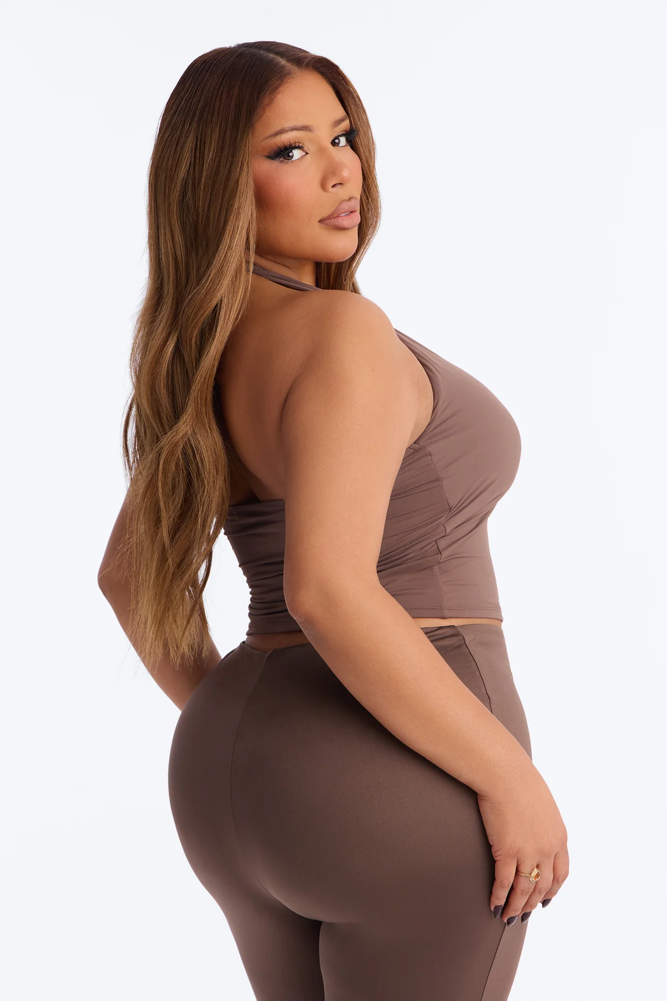 Second Skin Double Lined Twist U Neck Halter Top - Brown - Image 7