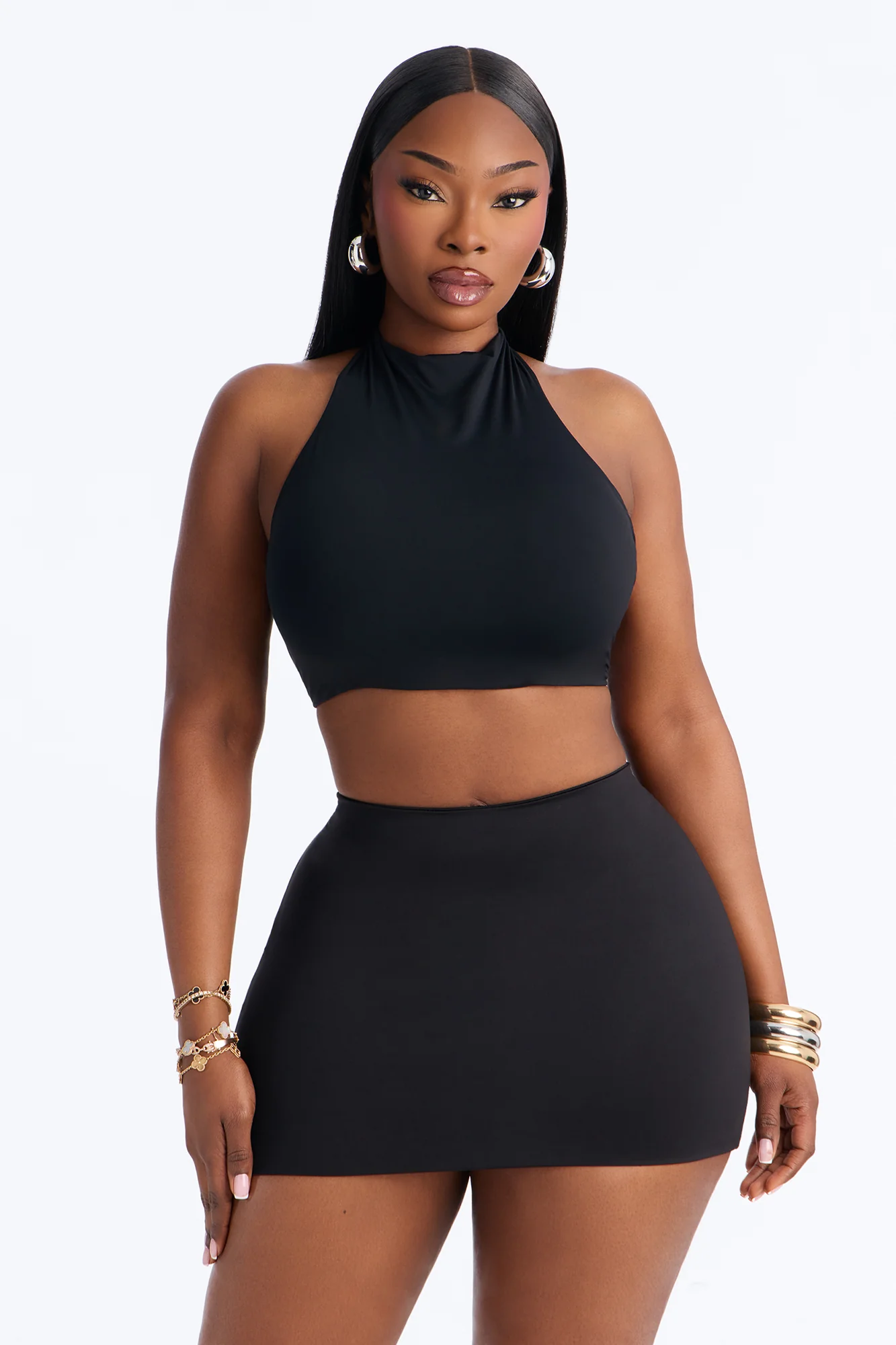 Second Skin Padded Backless Mock Neck Halter Top - Black - Image 5