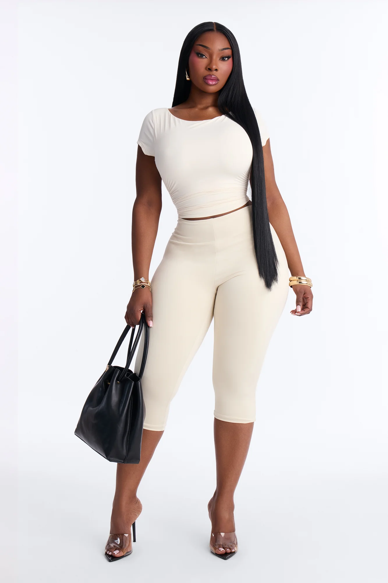 Second Skin Ruched Scoop Neck Short Sleeve Top - Bone - Image 6