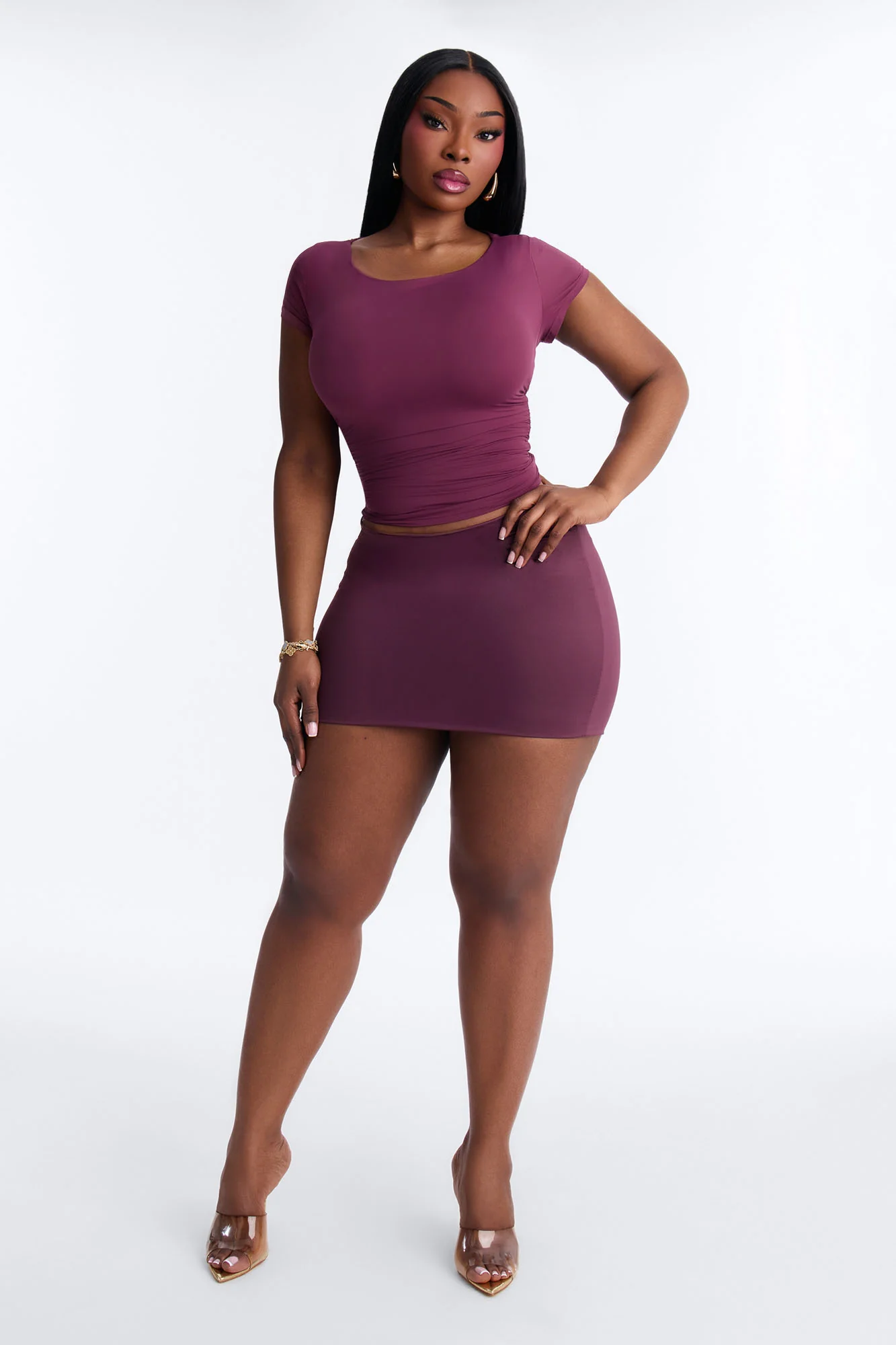 Second Skin Ruched Scoop Neck Short Sleeve Top - Plum - Image 6