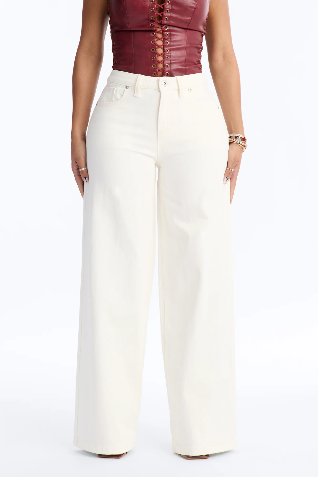 Secret Romance Mid Rise Wide Leg Jeans - White - Image 2