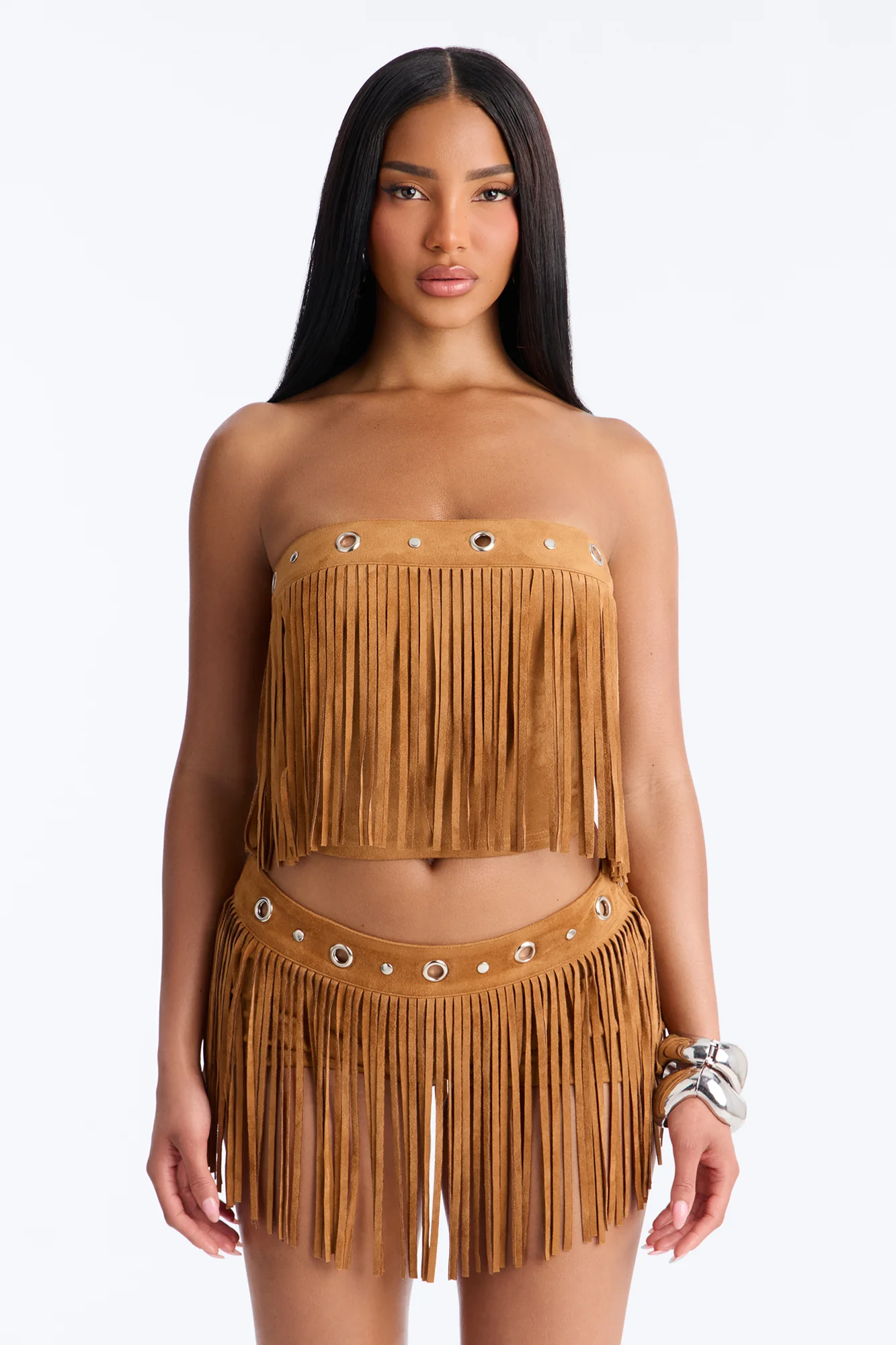 See My Swag Faux Suede Fringe Short Set - Cognac - Image 2