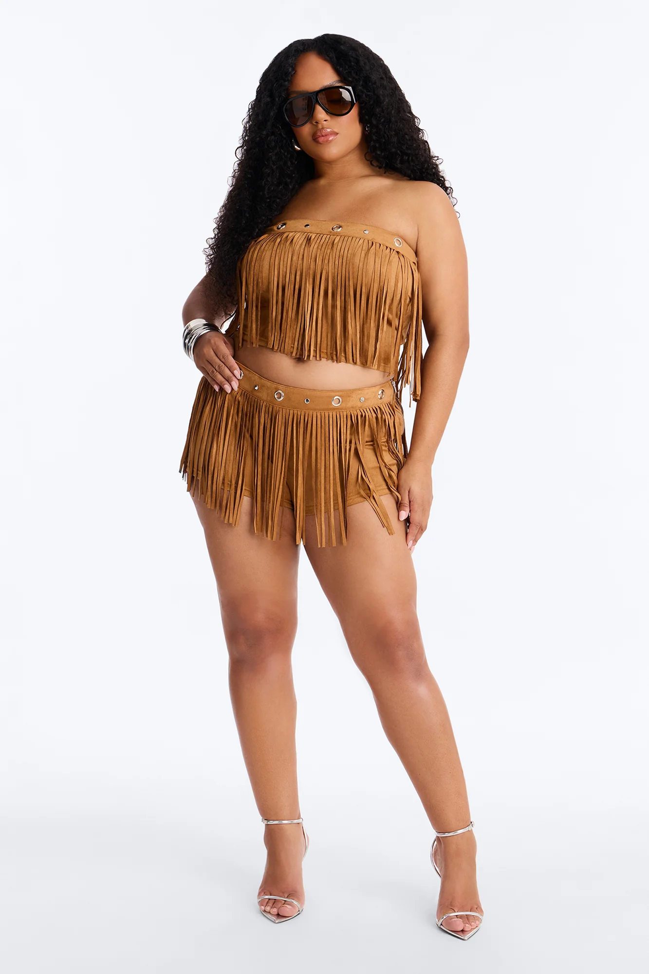 See My Swag Faux Suede Fringe Short Set - Cognac - Image 6