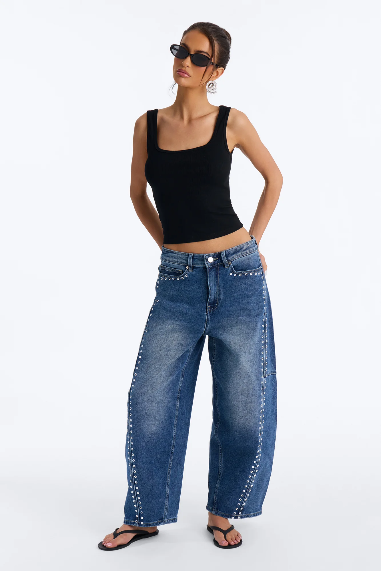 See You Never Grommet Embellished Barrel Jeans - Dark Wash - Image 2