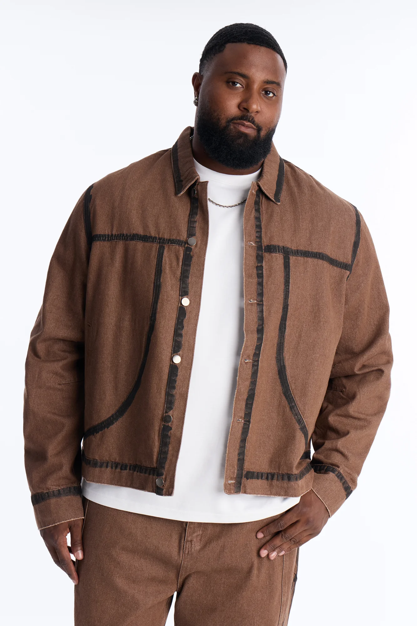 Seeing Lines Denim Trucker Jacket - Brown - Image 4