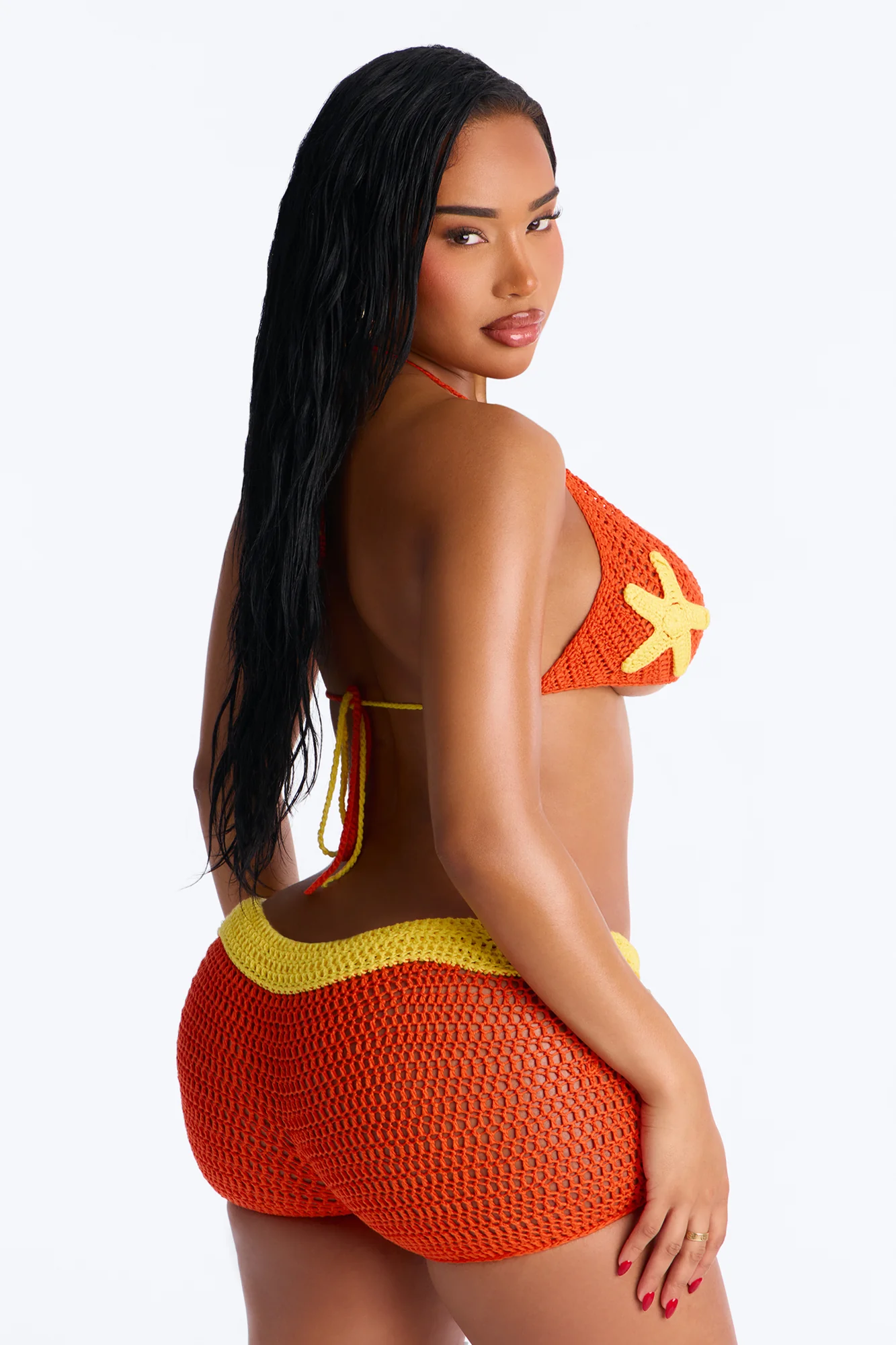 Seeing Stars 2 Piece Crochet Coverup Short Set - Orange - Image 3