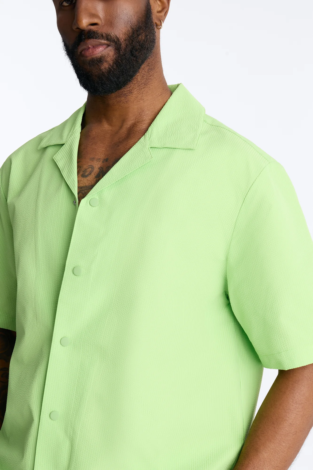 Seersucker Short Sleeve Cuban Collar Shirt - Lime - Image 3