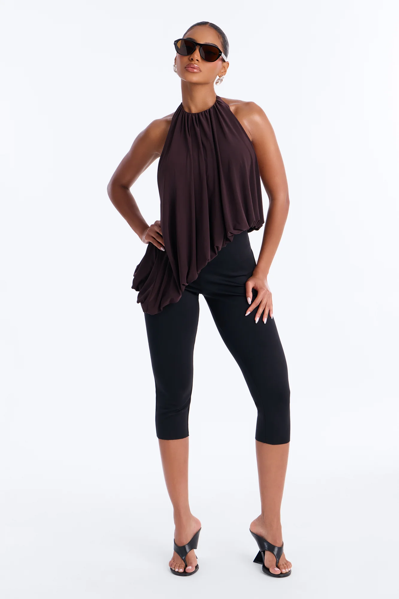 Selena Ruched Asymmetrical Halter Top - Brown - Image 2