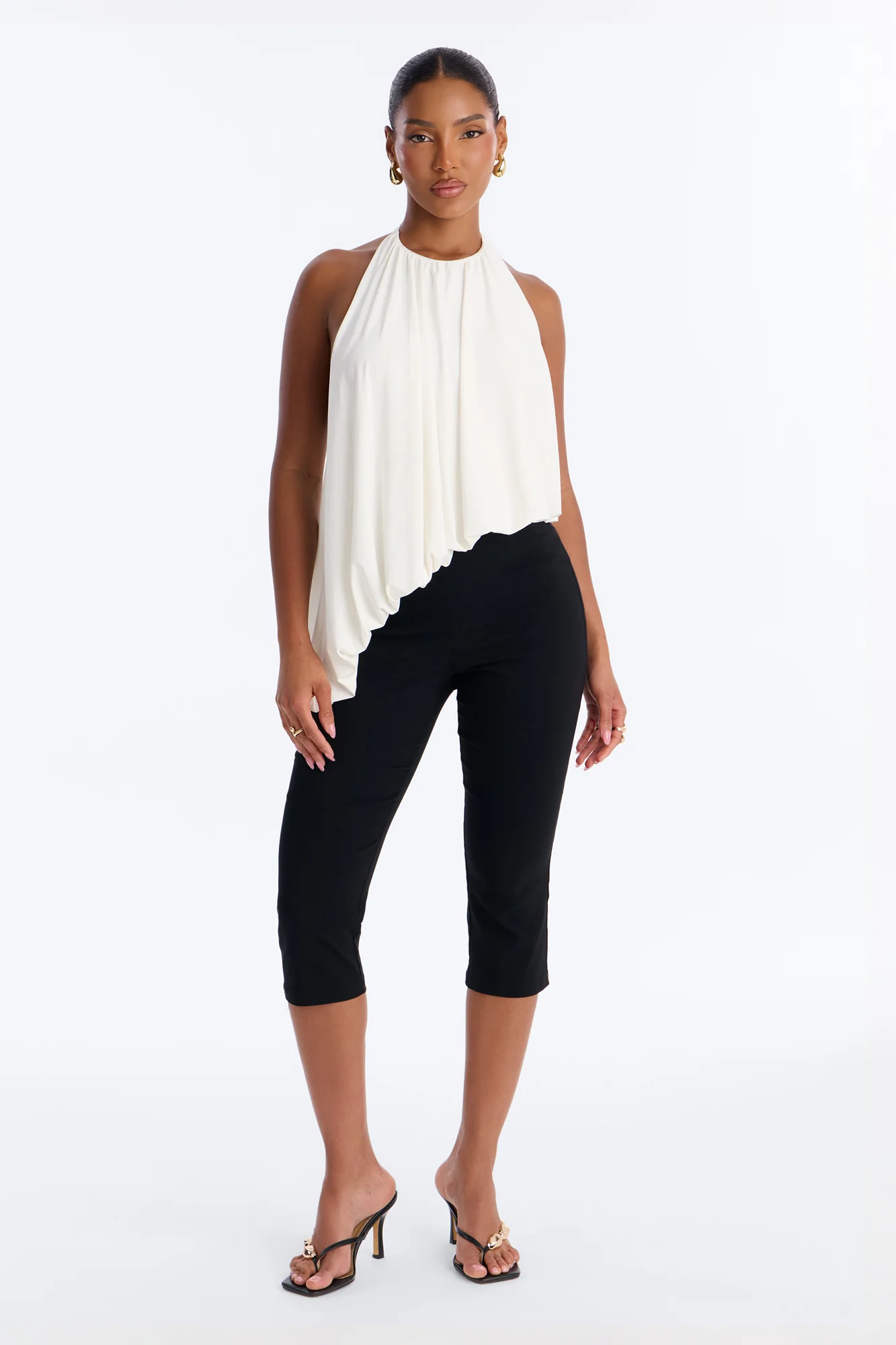 Selena Ruched Asymmetrical Halter Top - White - Image 2