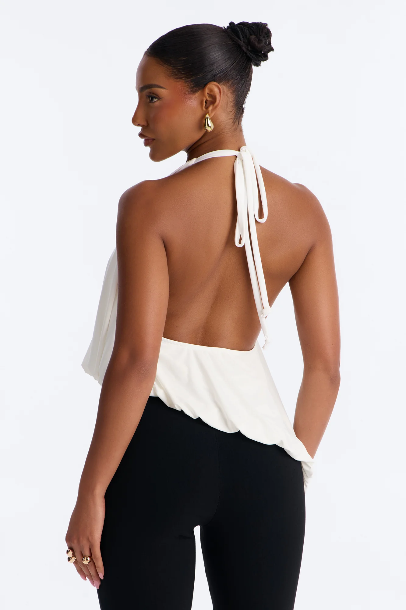 Selena Ruched Asymmetrical Halter Top - White - Image 3