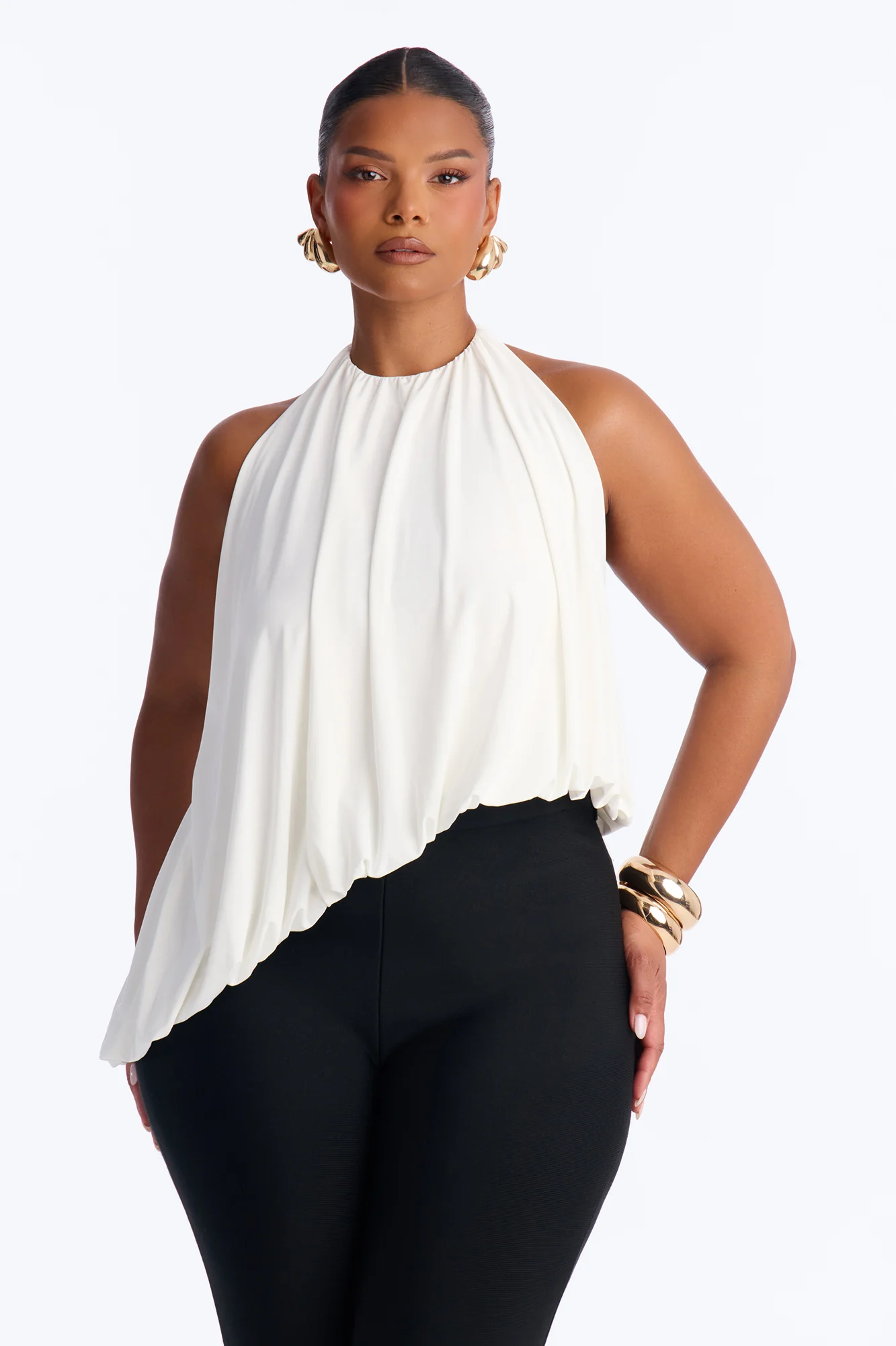 Selena Ruched Asymmetrical Halter Top - White - Image 5