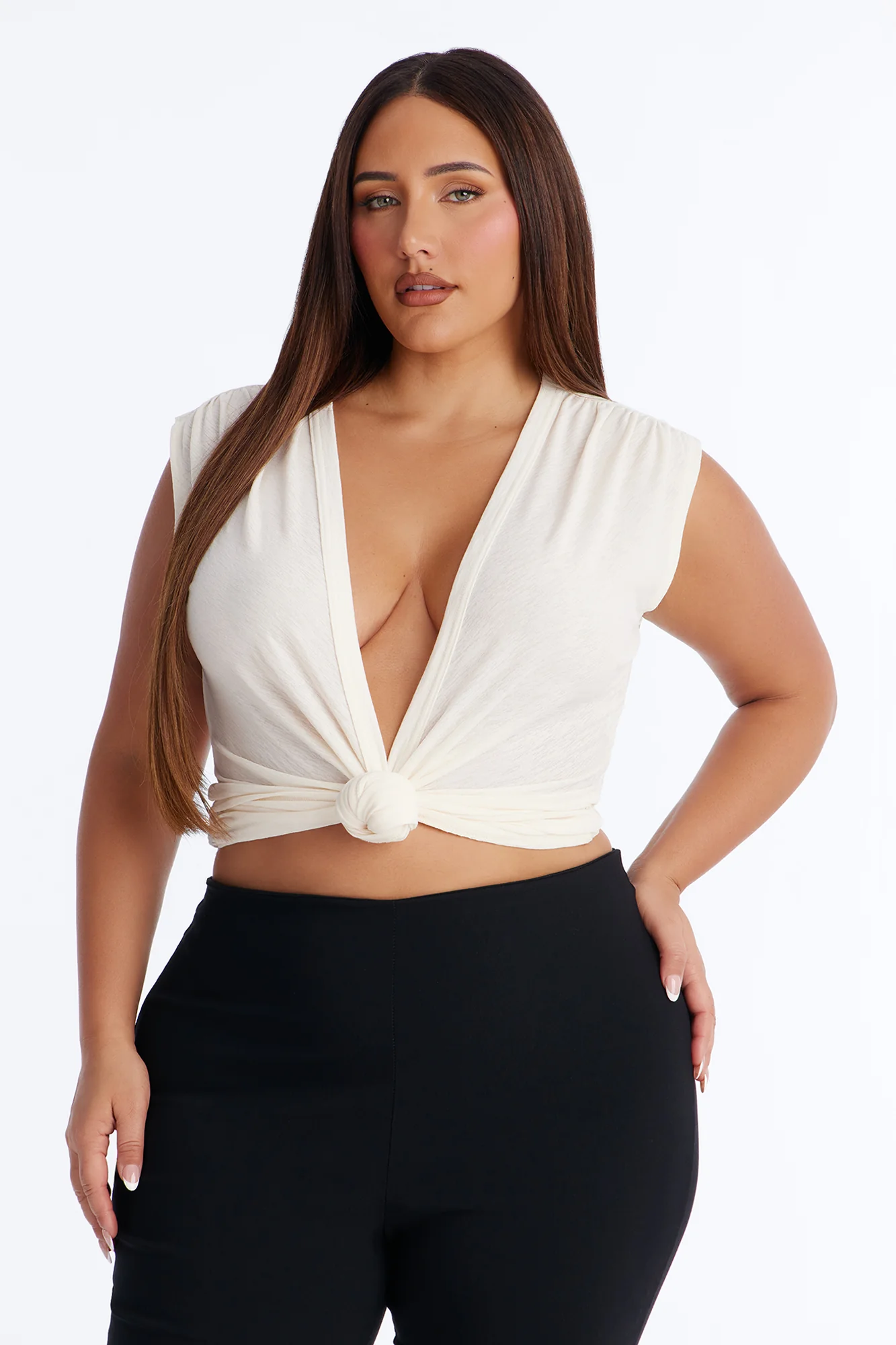 Selena Textured Deep V-Neck Knot Top - Off White - Image 5