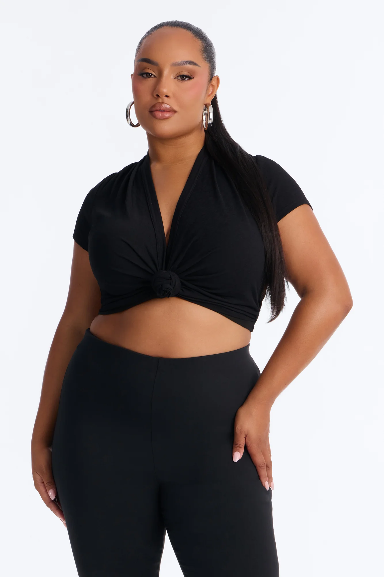 Selena Textured Knot Short Sleeve Top - Black - Image 5