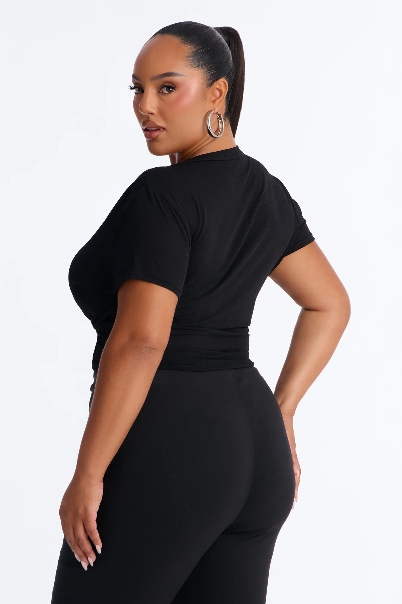 Selena Textured Knot Short Sleeve Top - Black - Image 8
