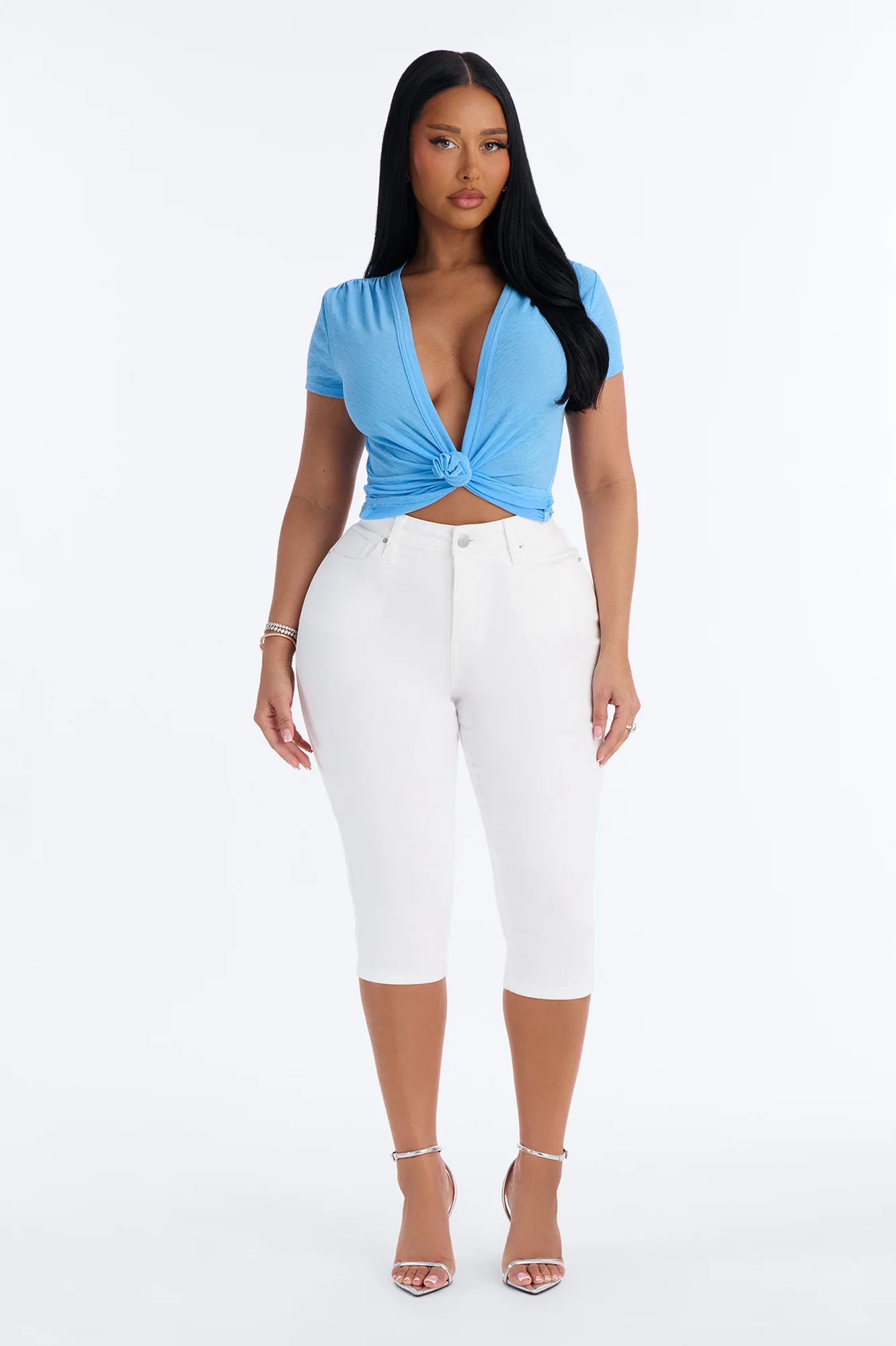 Selena Textured Knot Short Sleeve Top - Blue - Image 2
