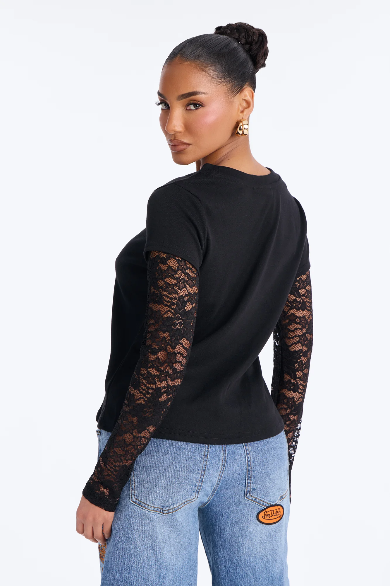Selene Crew Neck Lace Long Sleeve Top - Black - Image 3