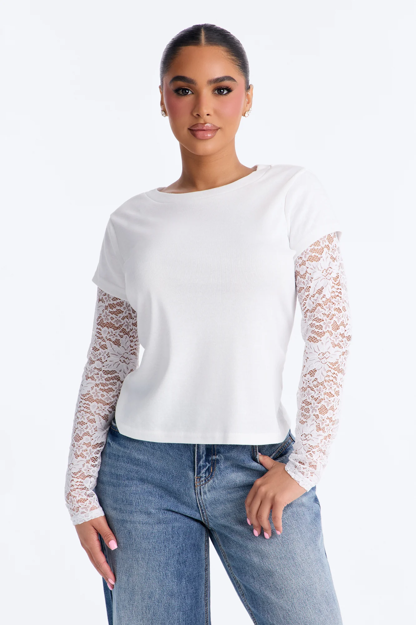 Selene Crew Neck Lace Long Sleeve Top - White