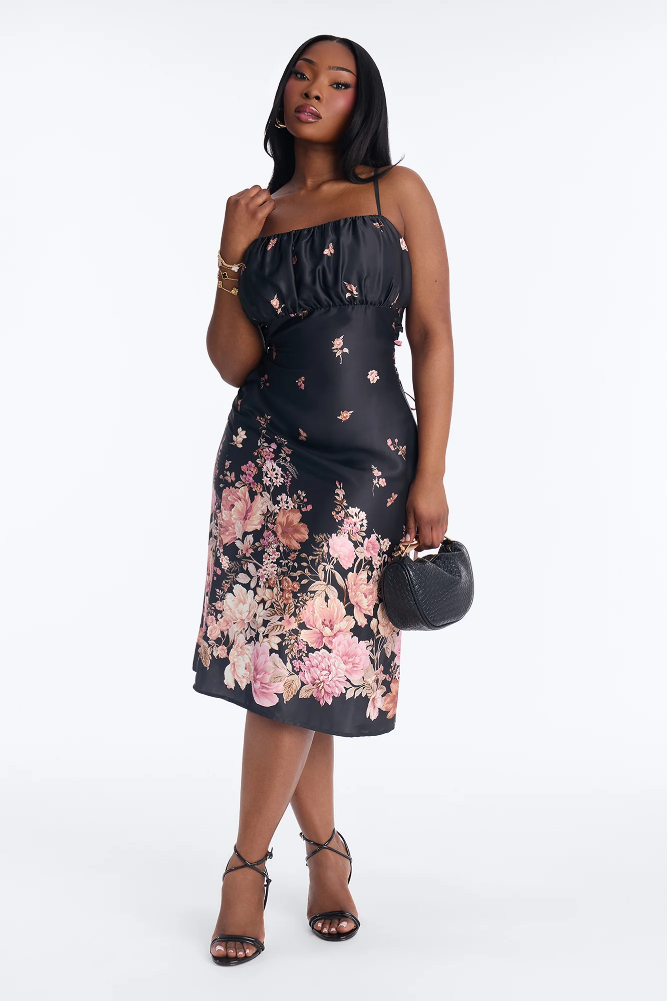 Selene Floral Satin Midi Dress - Black - Image 5