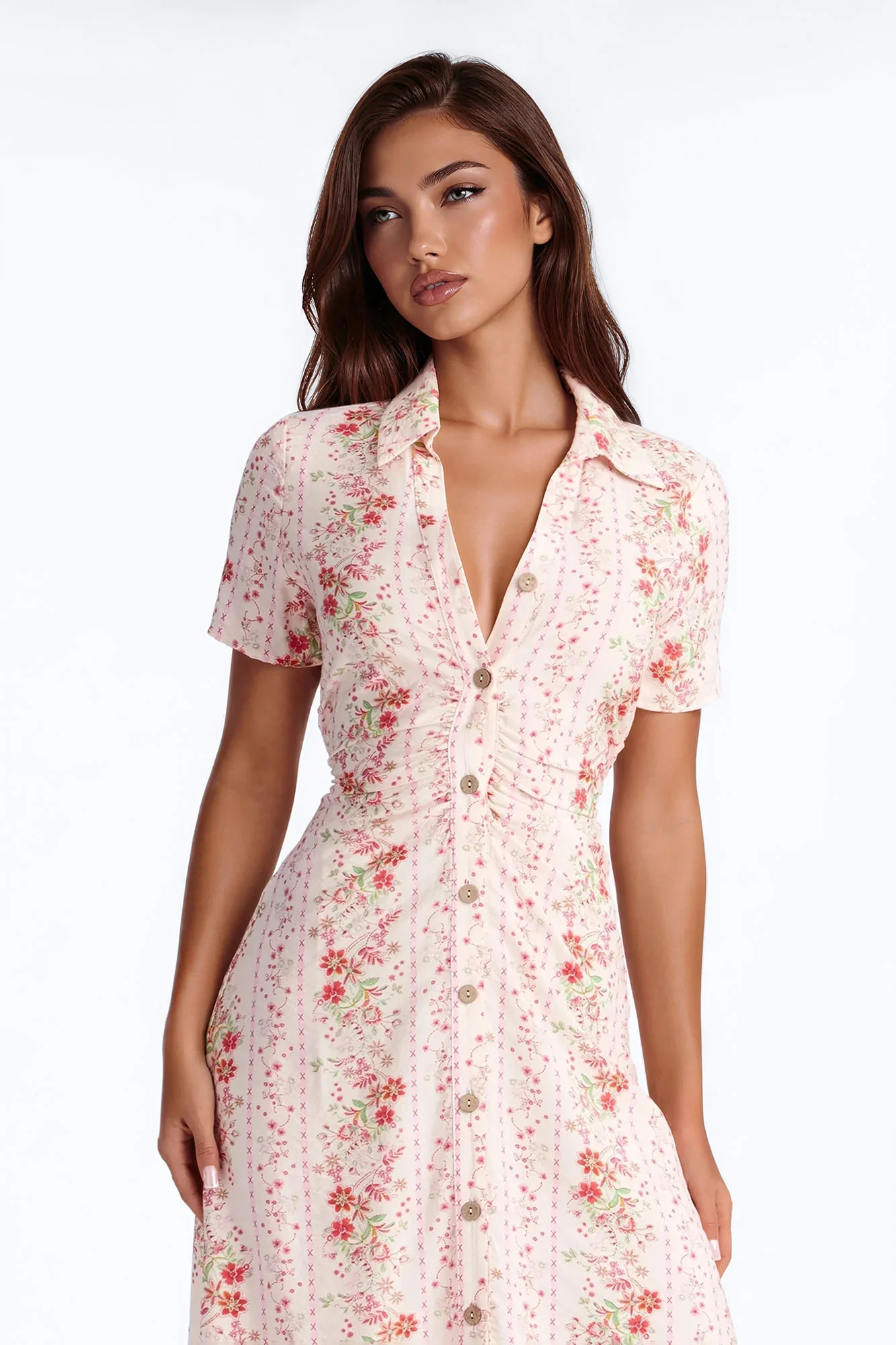 Selene Ruched Floral Midi Shirt Dress - Pink/combo - Image 2