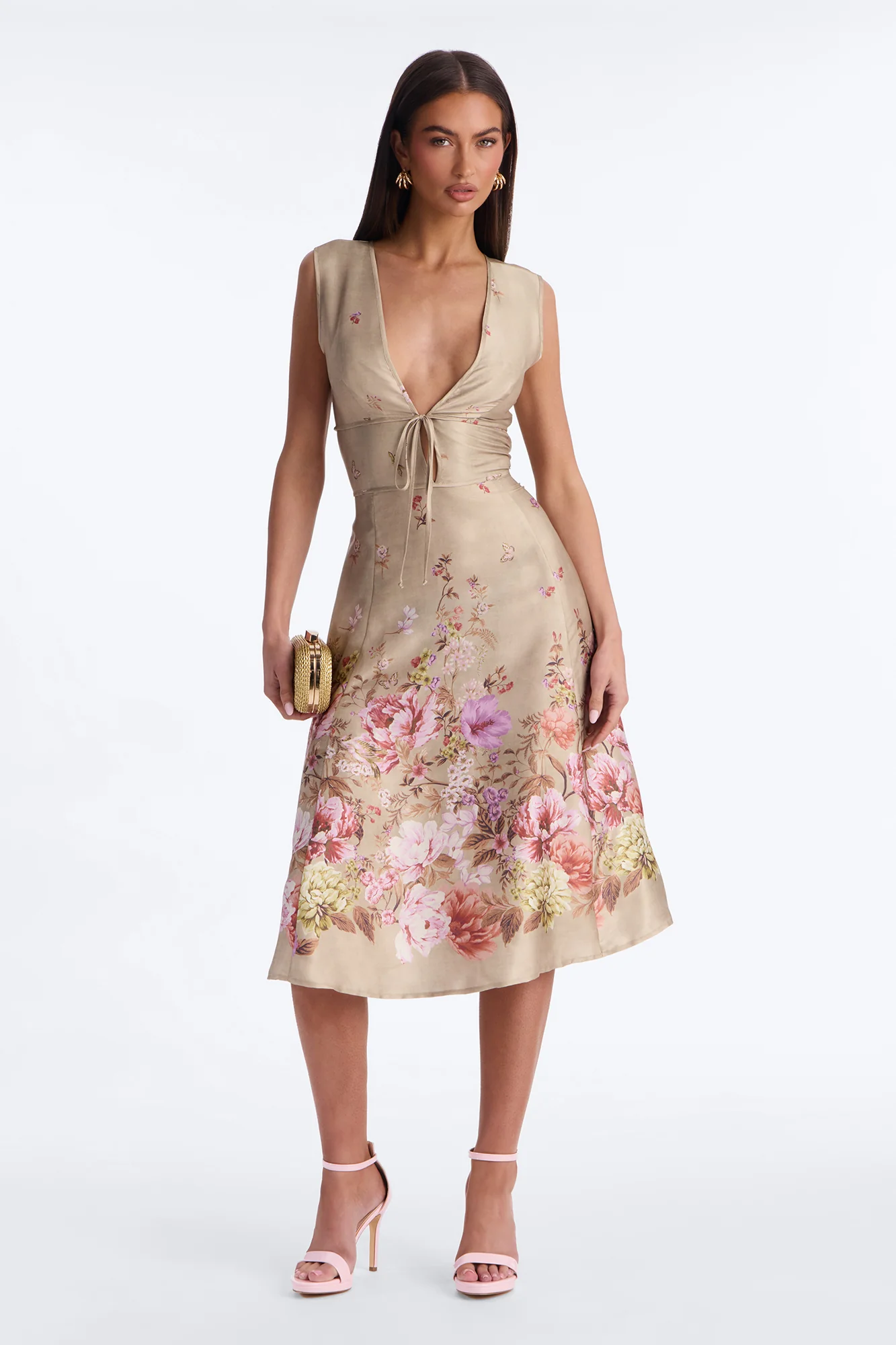 Selene Sleeveless Floral Satin Midi Dress - Brown/combo