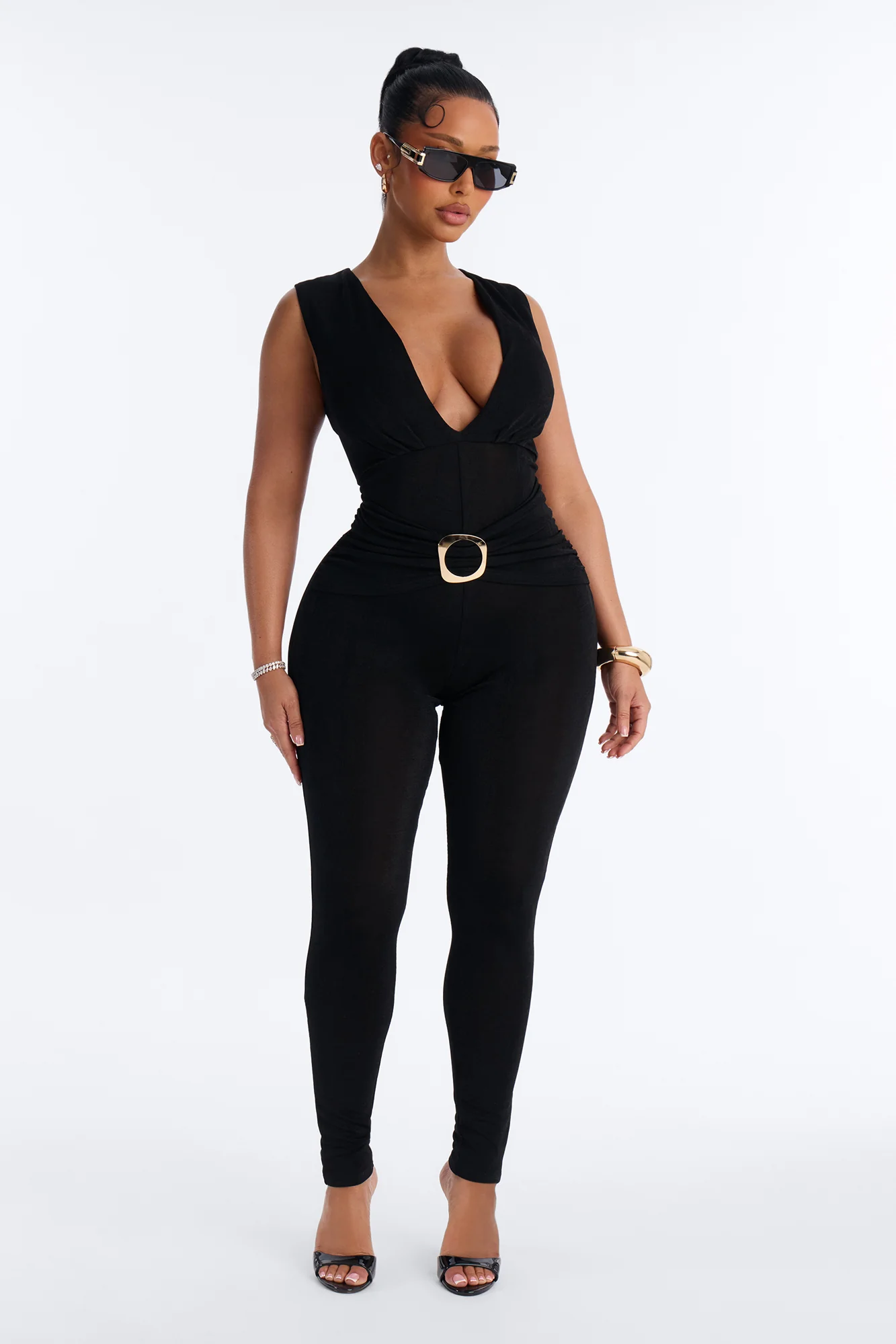 Serena Plunge Sleeveless Catsuit - Black